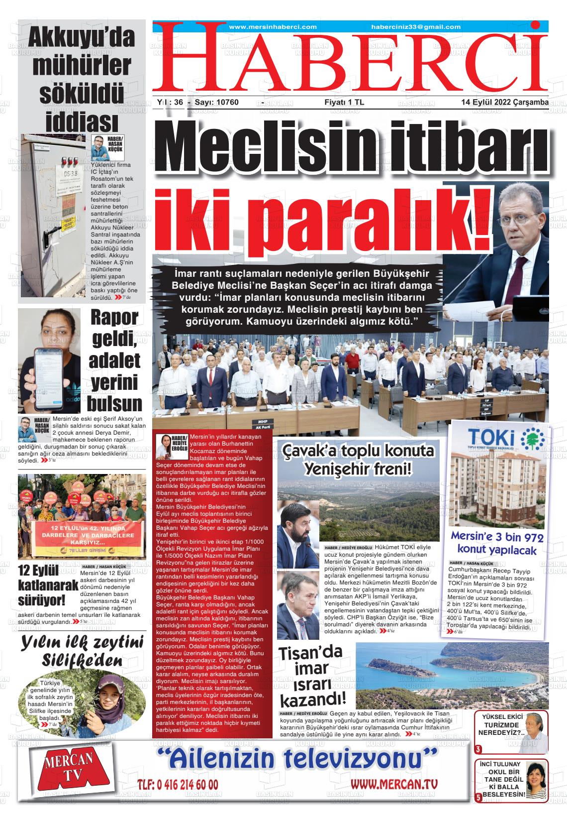 12 Kasım 2022 Mersin Haberci Gazete Manşeti