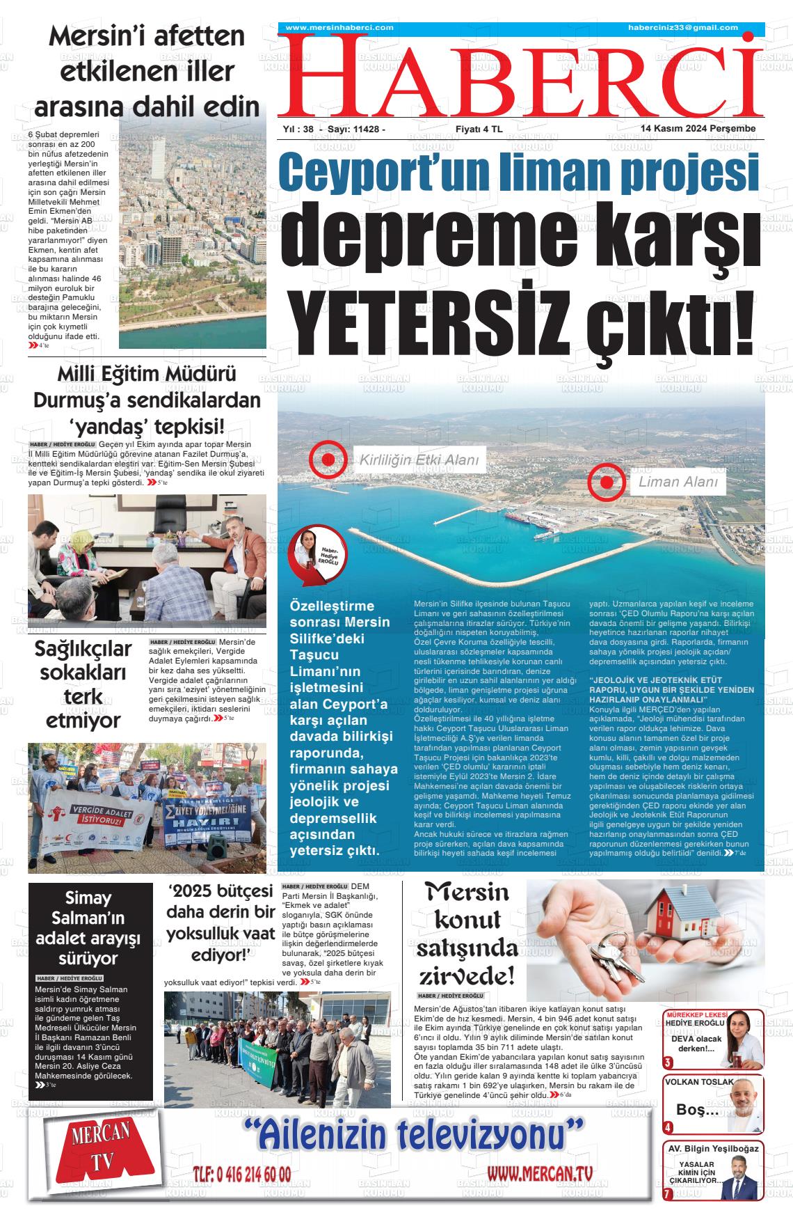 14 Kasım 2024 Mersin Haberci Gazete Manşeti