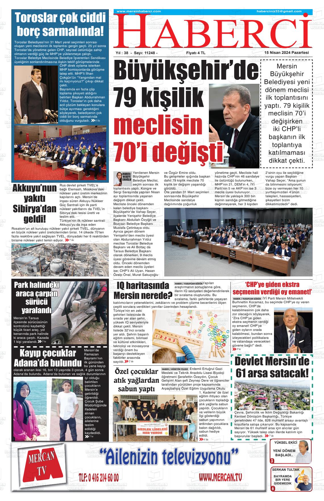 15 Nisan 2024 Mersin Haberci Gazete Manşeti