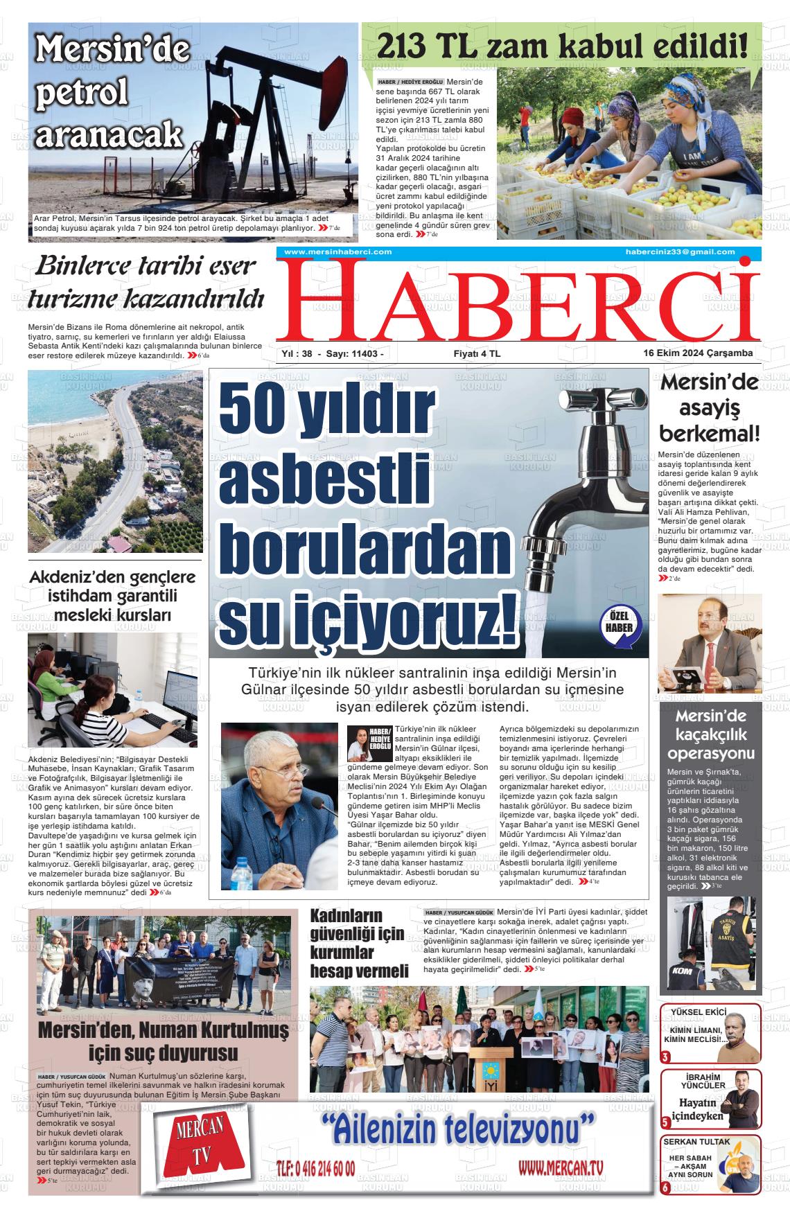 16 Ekim 2024 Mersin Haberci Gazete Manşeti