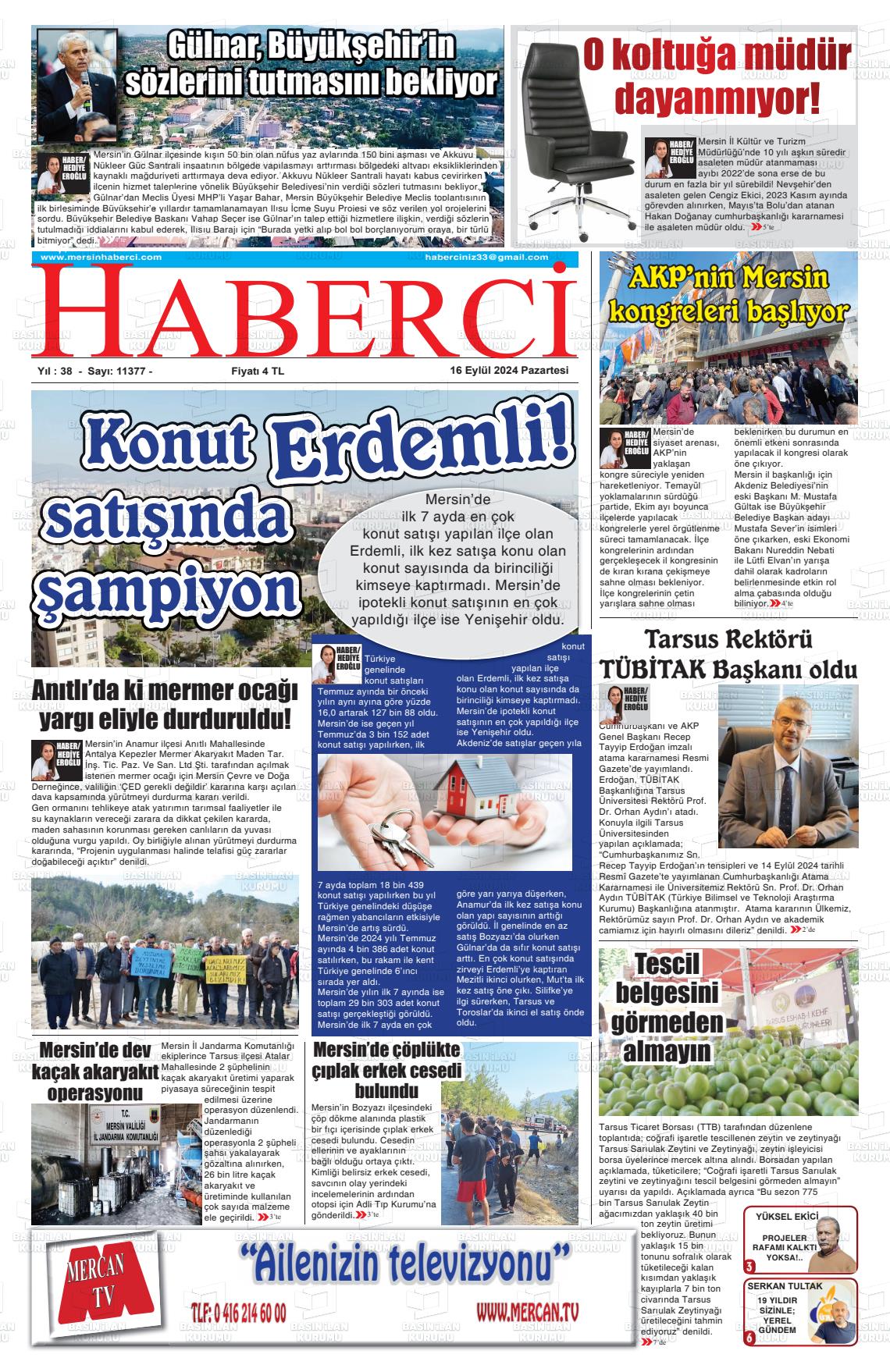 16 Eylül 2024 Mersin Haberci Gazete Manşeti