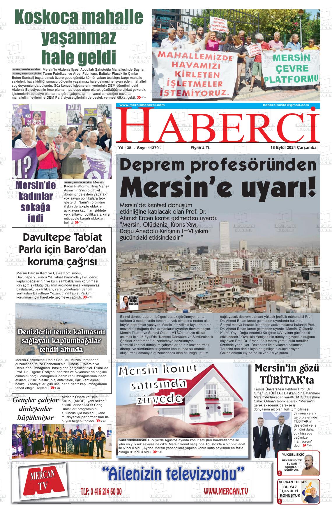 18 Eylül 2024 Mersin Haberci Gazete Manşeti