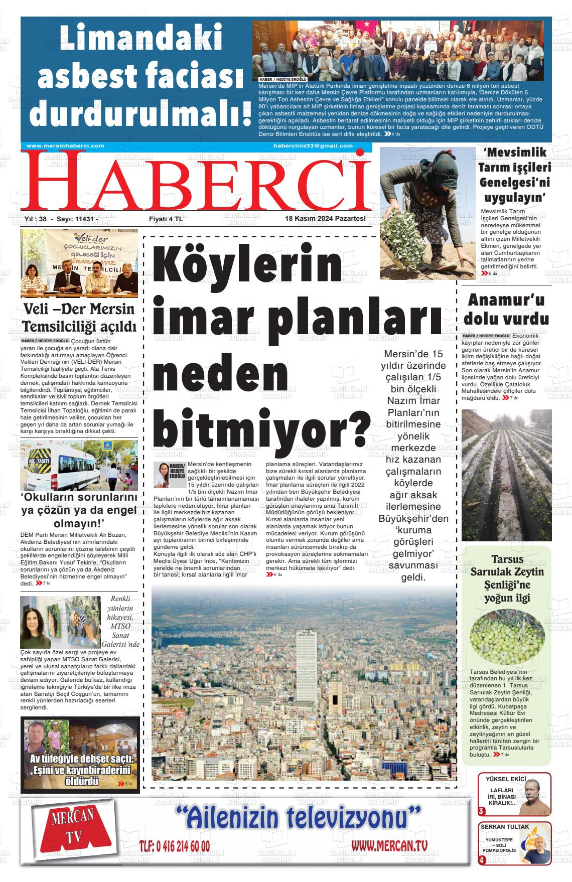 18 Kasım 2024 Mersin Haberci Gazete Manşeti