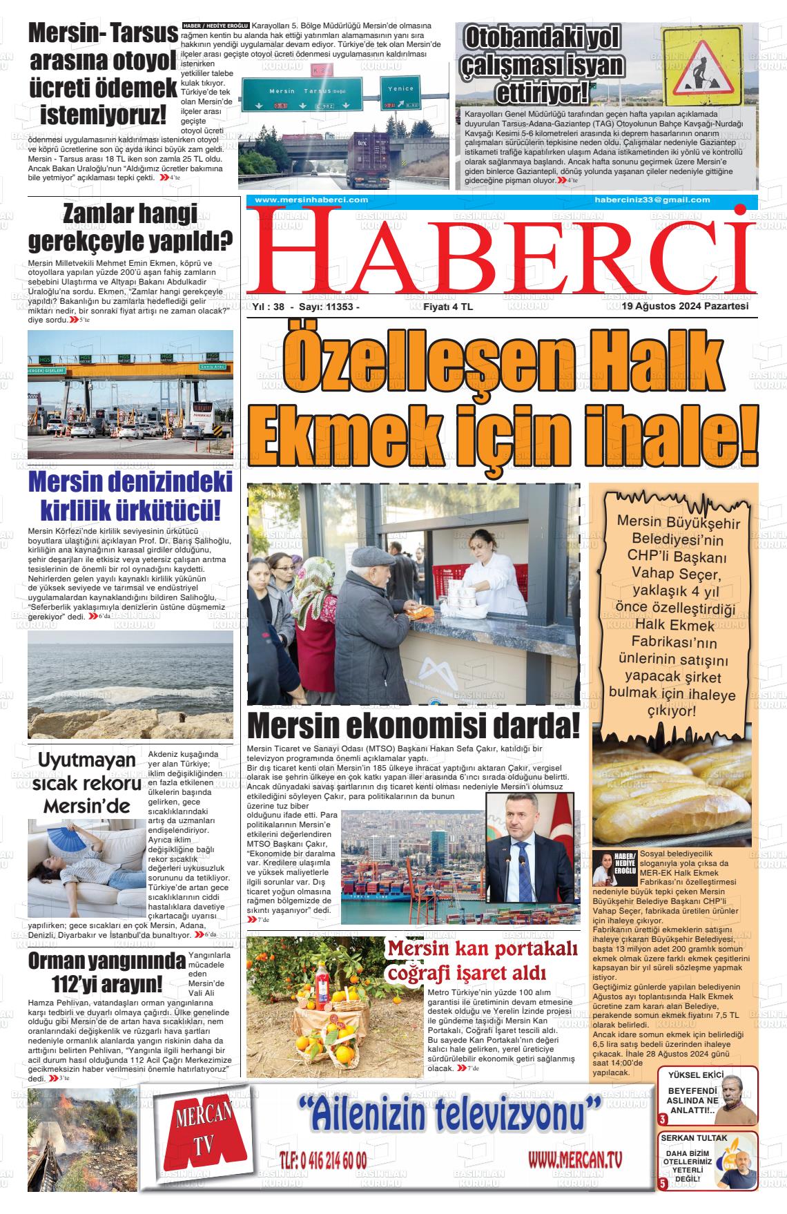 19 Ağustos 2024 Mersin Haberci Gazete Manşeti