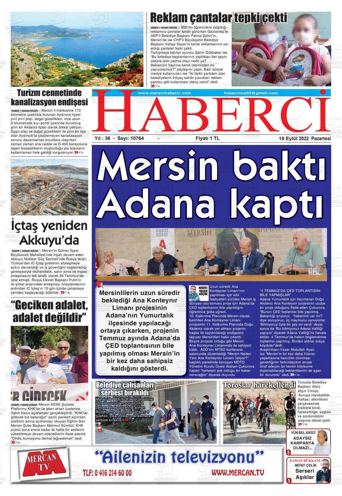 19 Eylül 2022 Mersin Haberci Gazete Manşeti