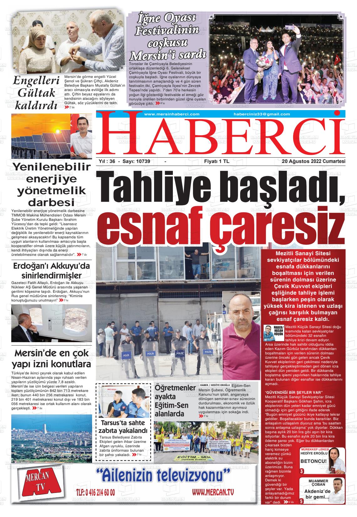 20 Ağustos 2022 Mersin Haberci Gazete Manşeti