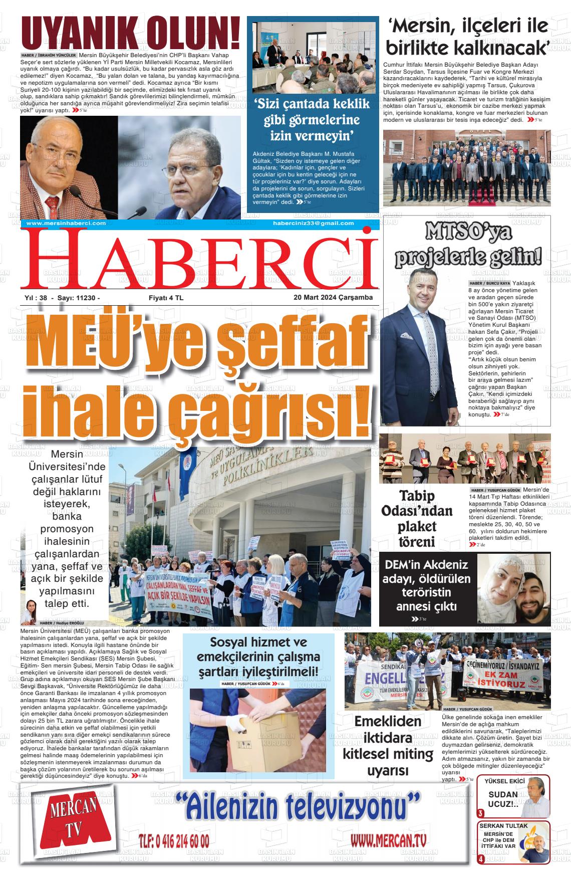 20 Mart 2024 Mersin Haberci Gazete Manşeti