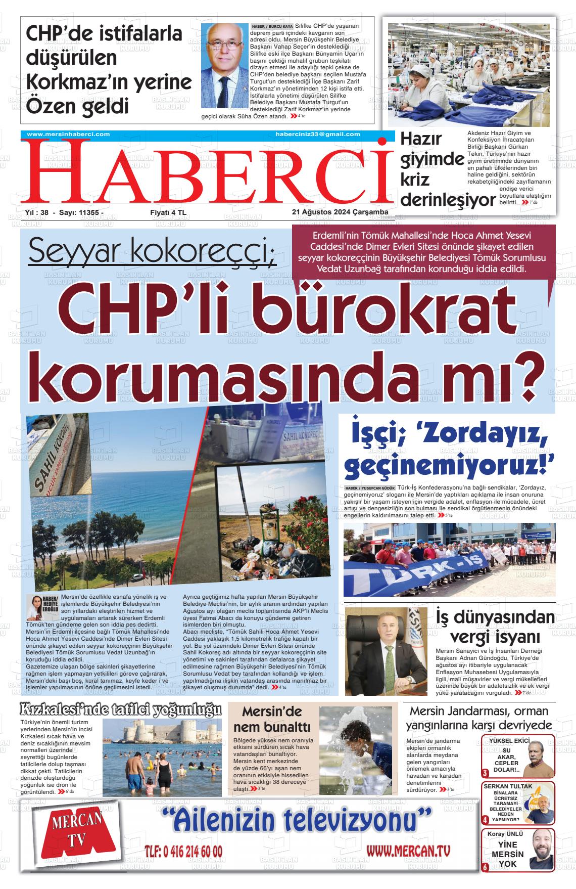 21 Ağustos 2024 Mersin Haberci Gazete Manşeti