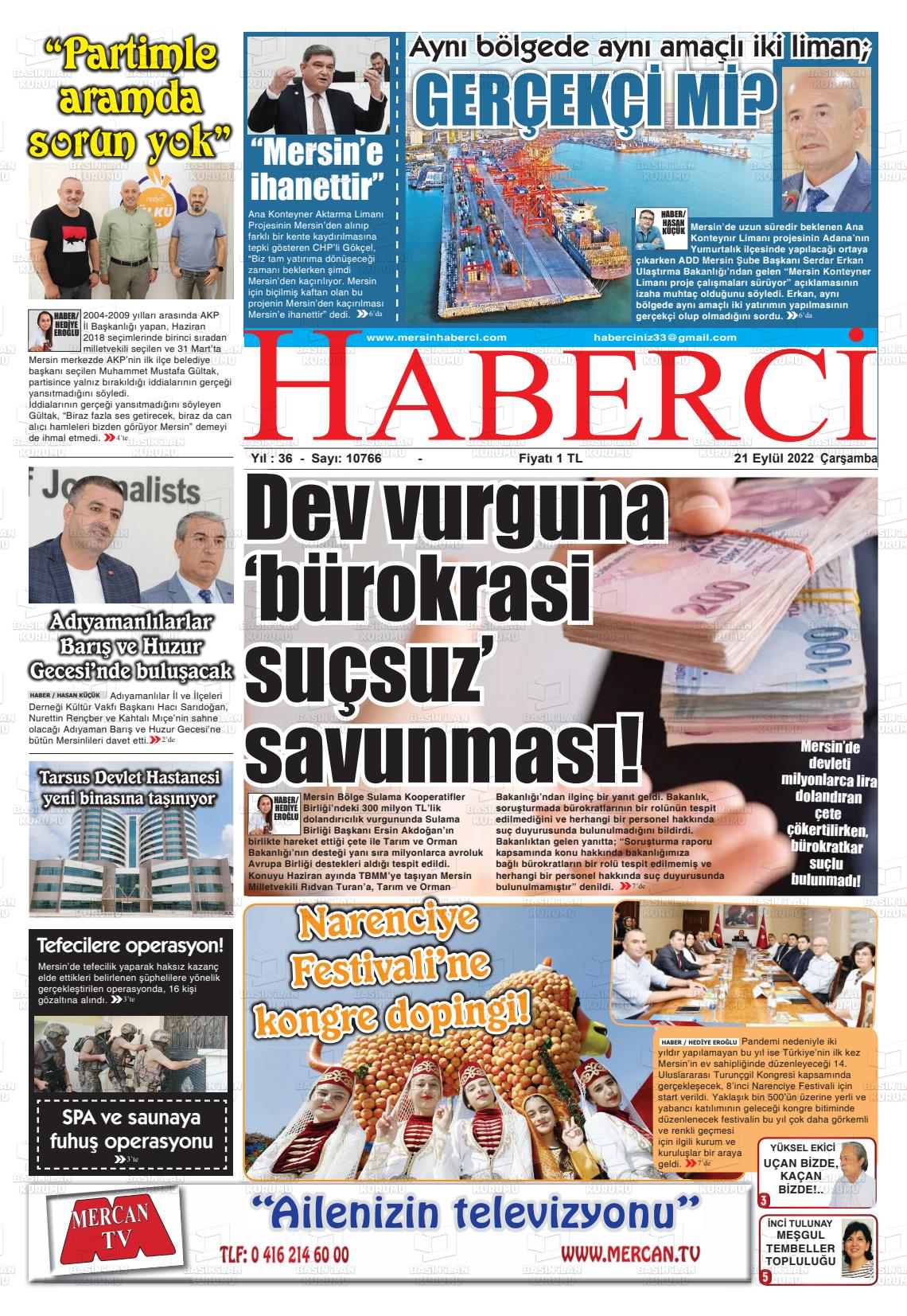 19 Kasım 2022 Mersin Haberci Gazete Manşeti