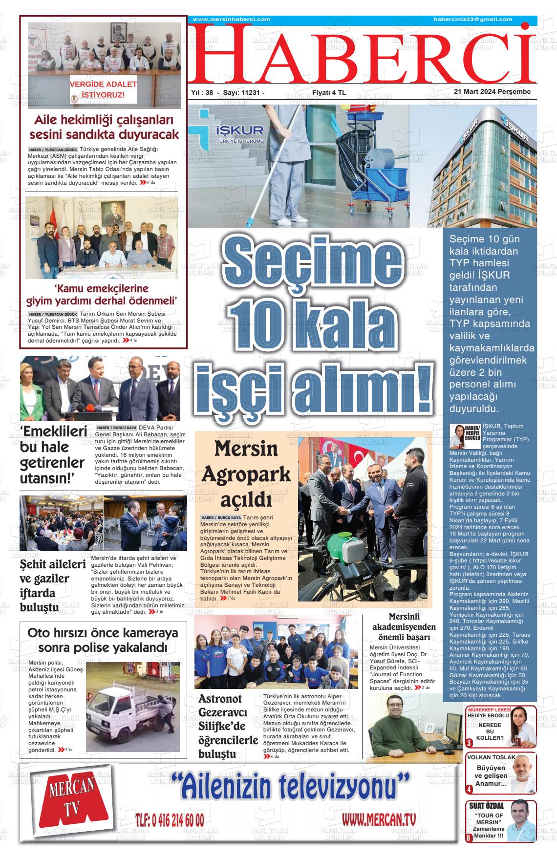 21 Mart 2024 Mersin Haberci Gazete Manşeti