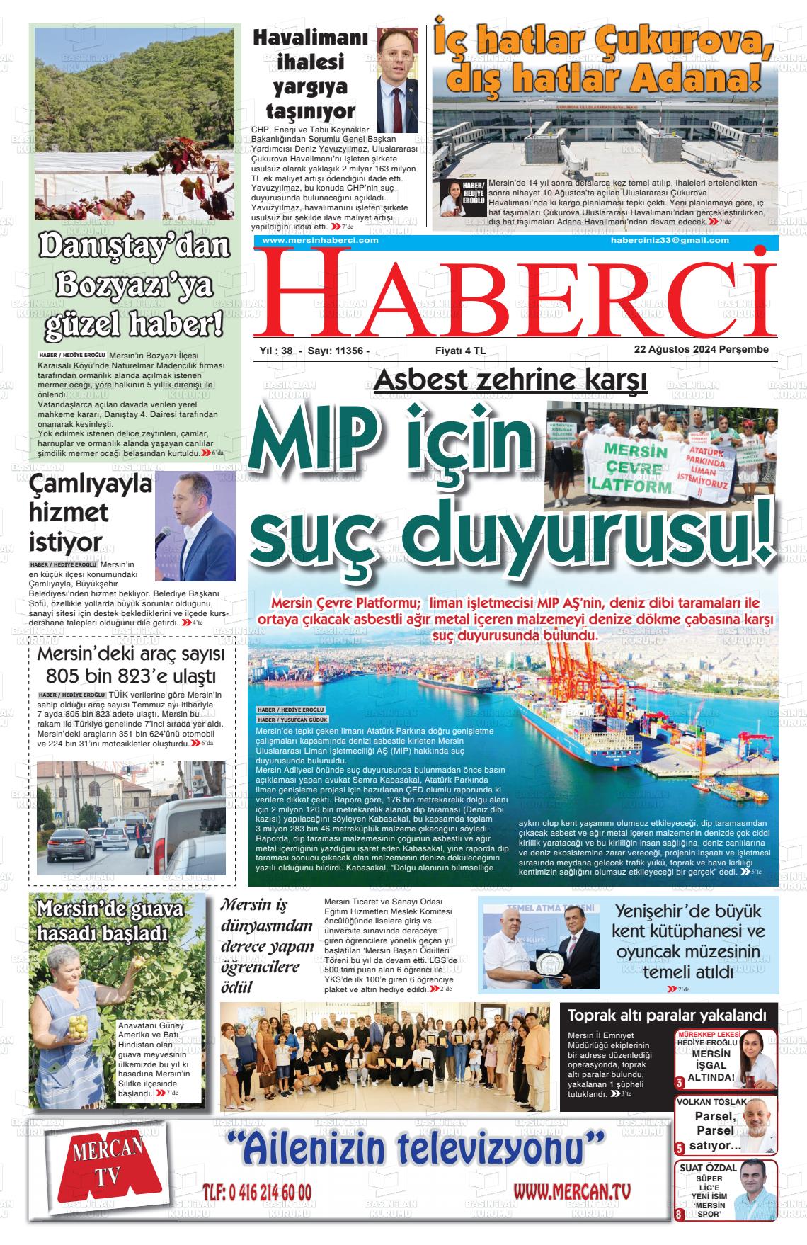 22 Ağustos 2024 Mersin Haberci Gazete Manşeti