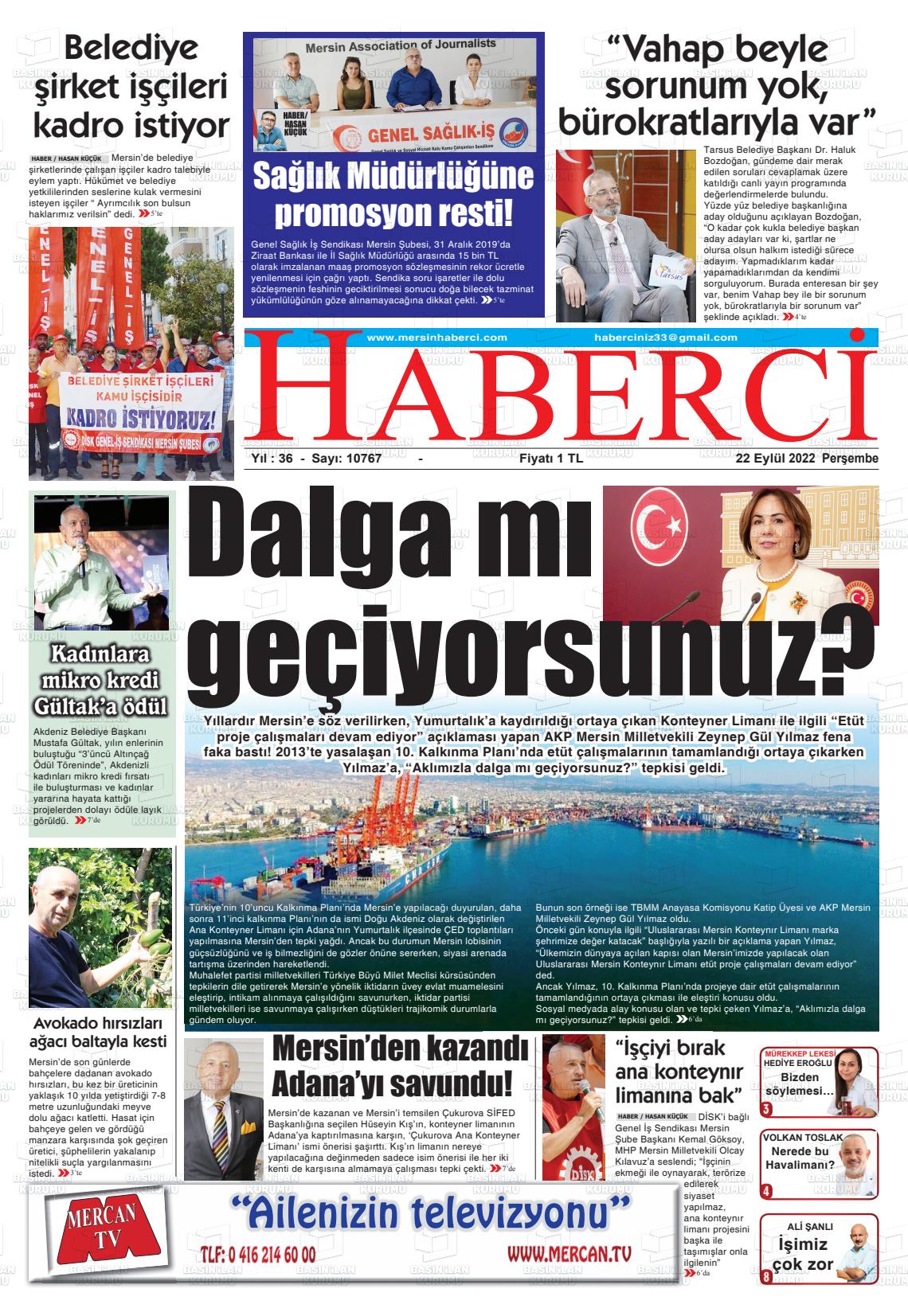 22 Eylül 2022 Mersin Haberci Gazete Manşeti