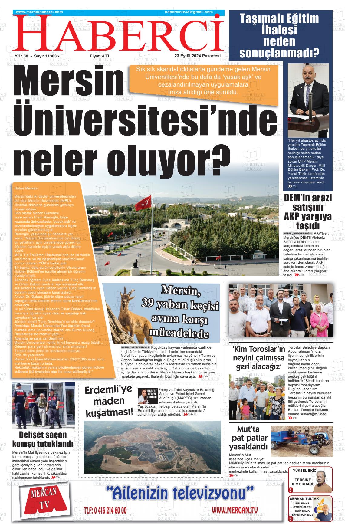 23 Eylül 2024 Mersin Haberci Gazete Manşeti