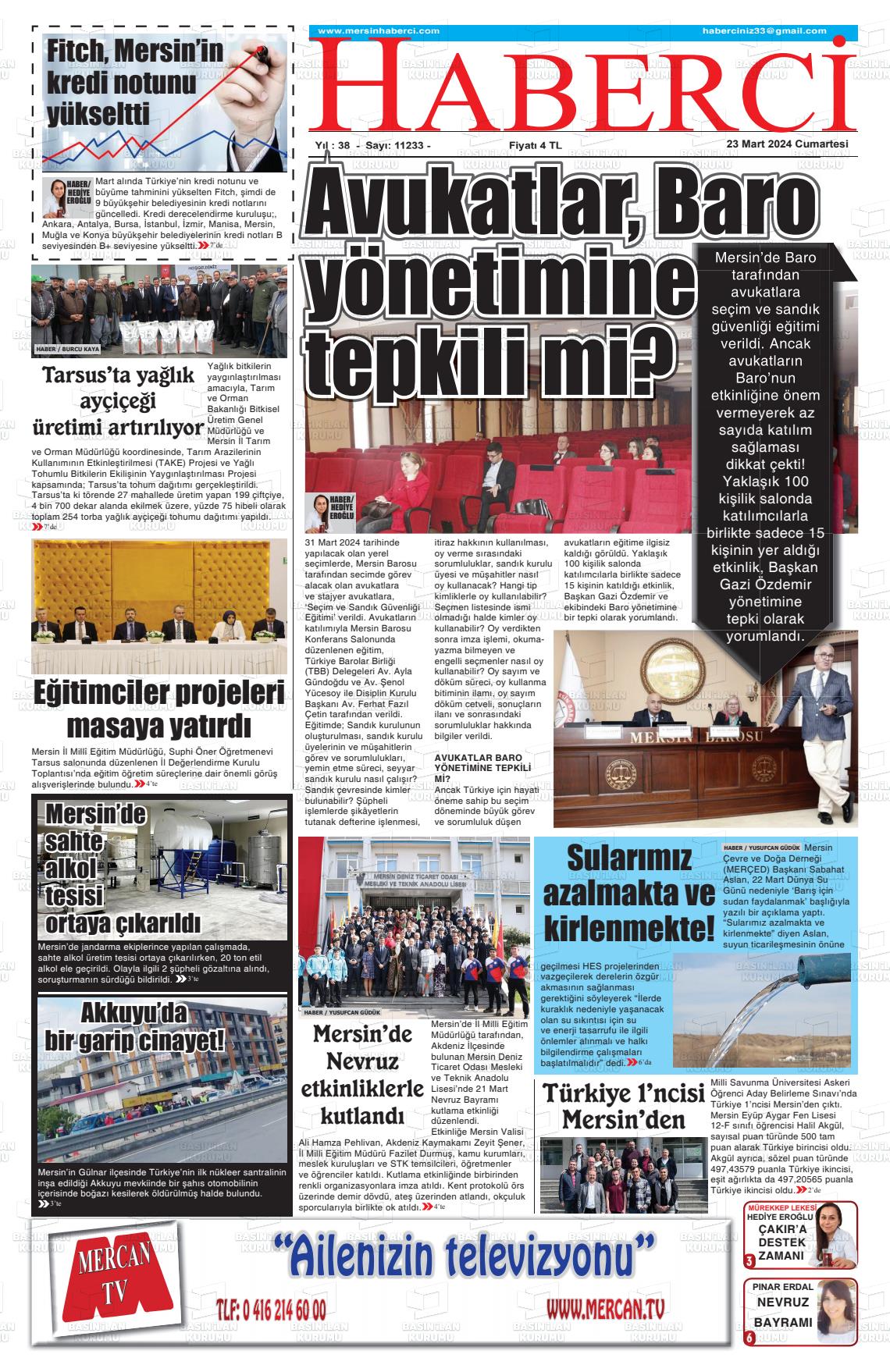 23 Mart 2024 Mersin Haberci Gazete Manşeti