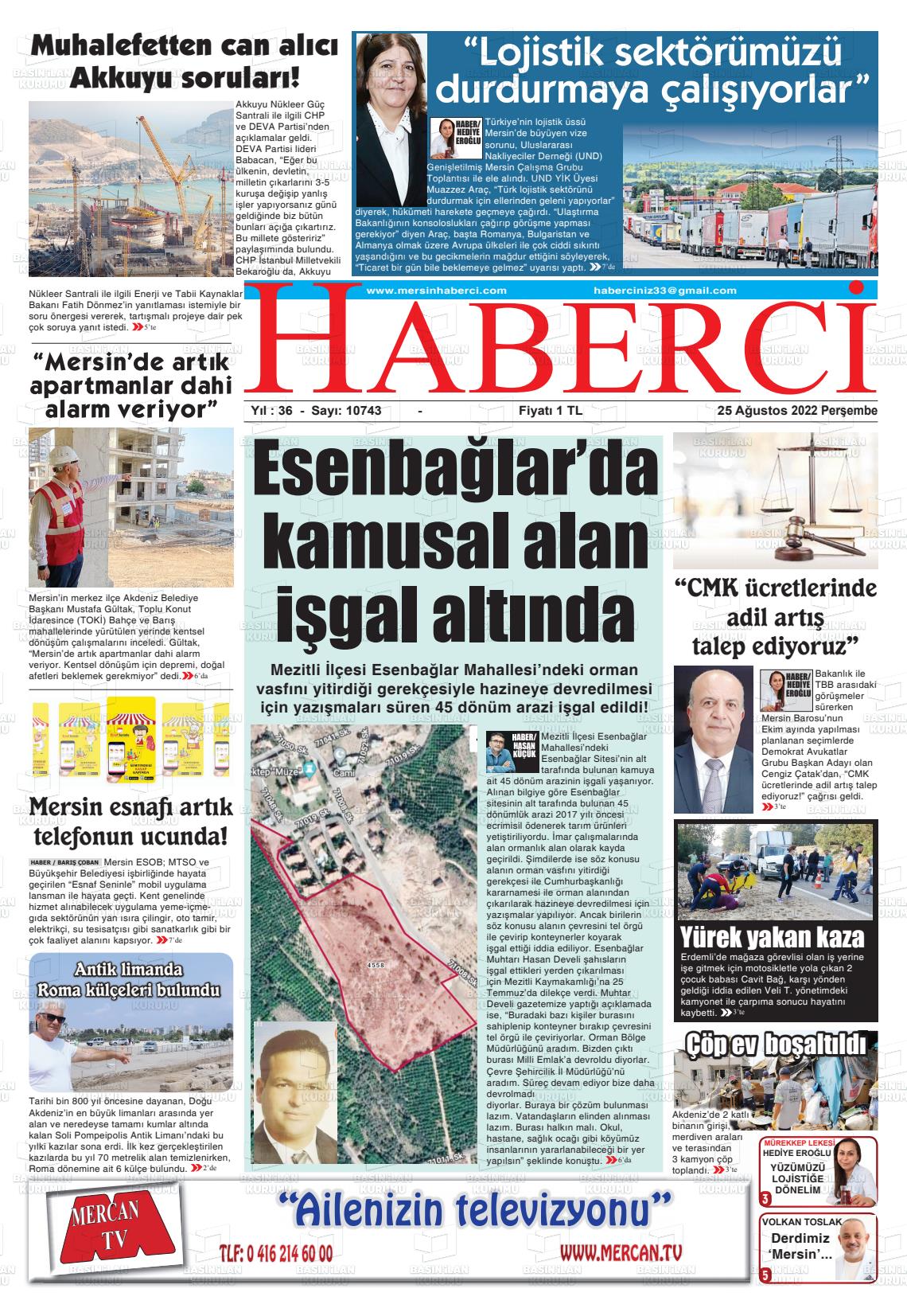 25 Ağustos 2022 Mersin Haberci Gazete Manşeti