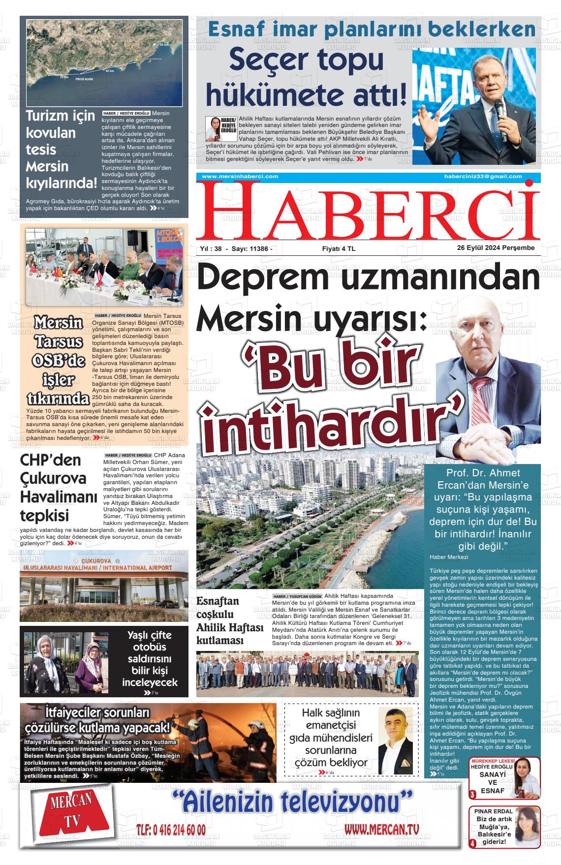 26 Eylül 2024 Mersin Haberci Gazete Manşeti