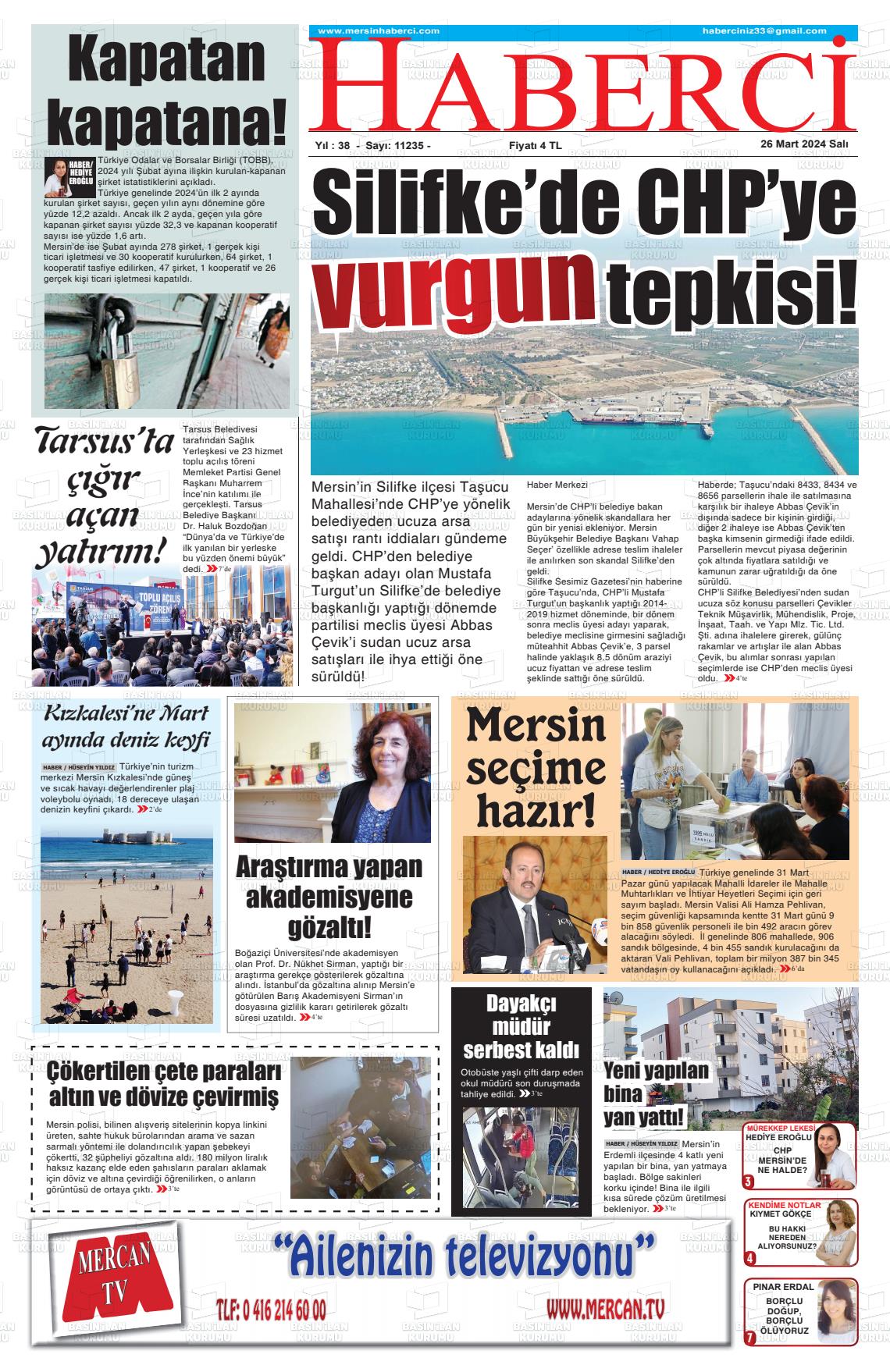 26 Mart 2024 Mersin Haberci Gazete Manşeti