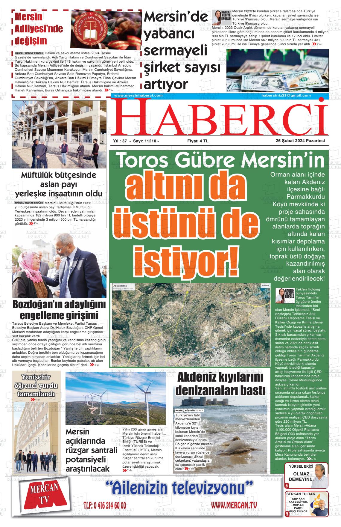 26 Şubat 2024 Mersin Haberci Gazete Manşeti