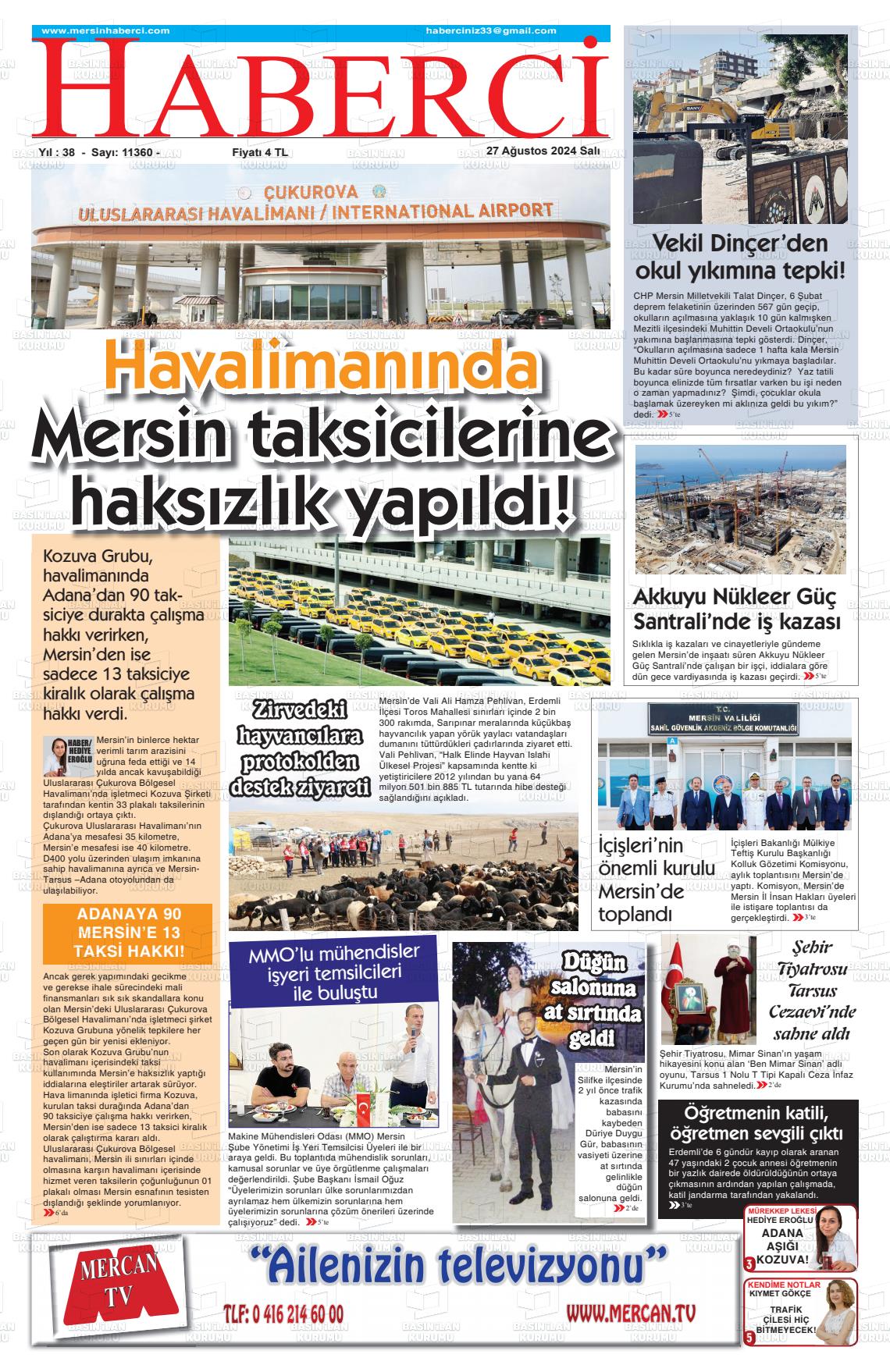 27 Ağustos 2024 Mersin Haberci Gazete Manşeti