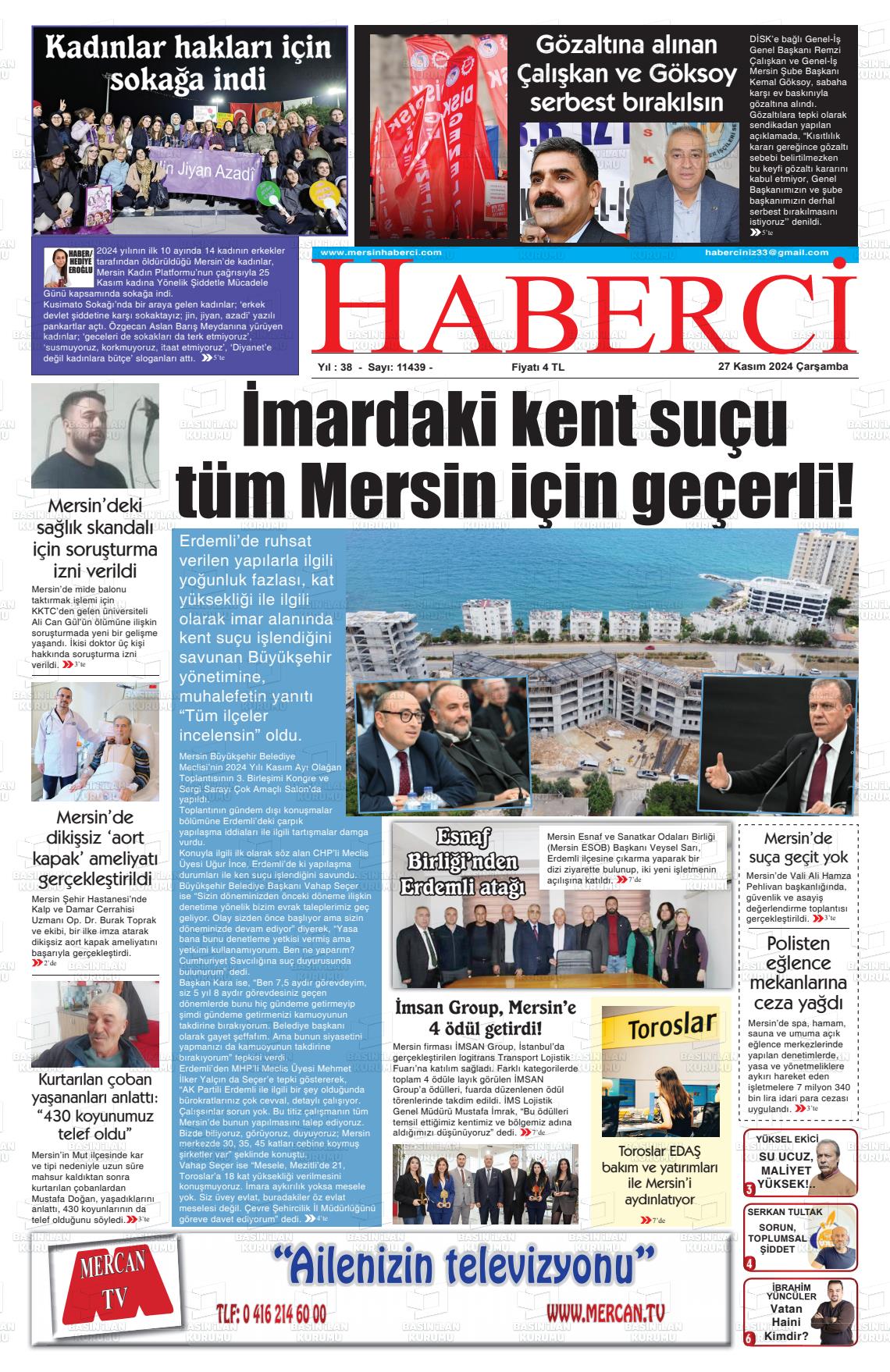 27 Kasım 2024 Mersin Haberci Gazete Manşeti