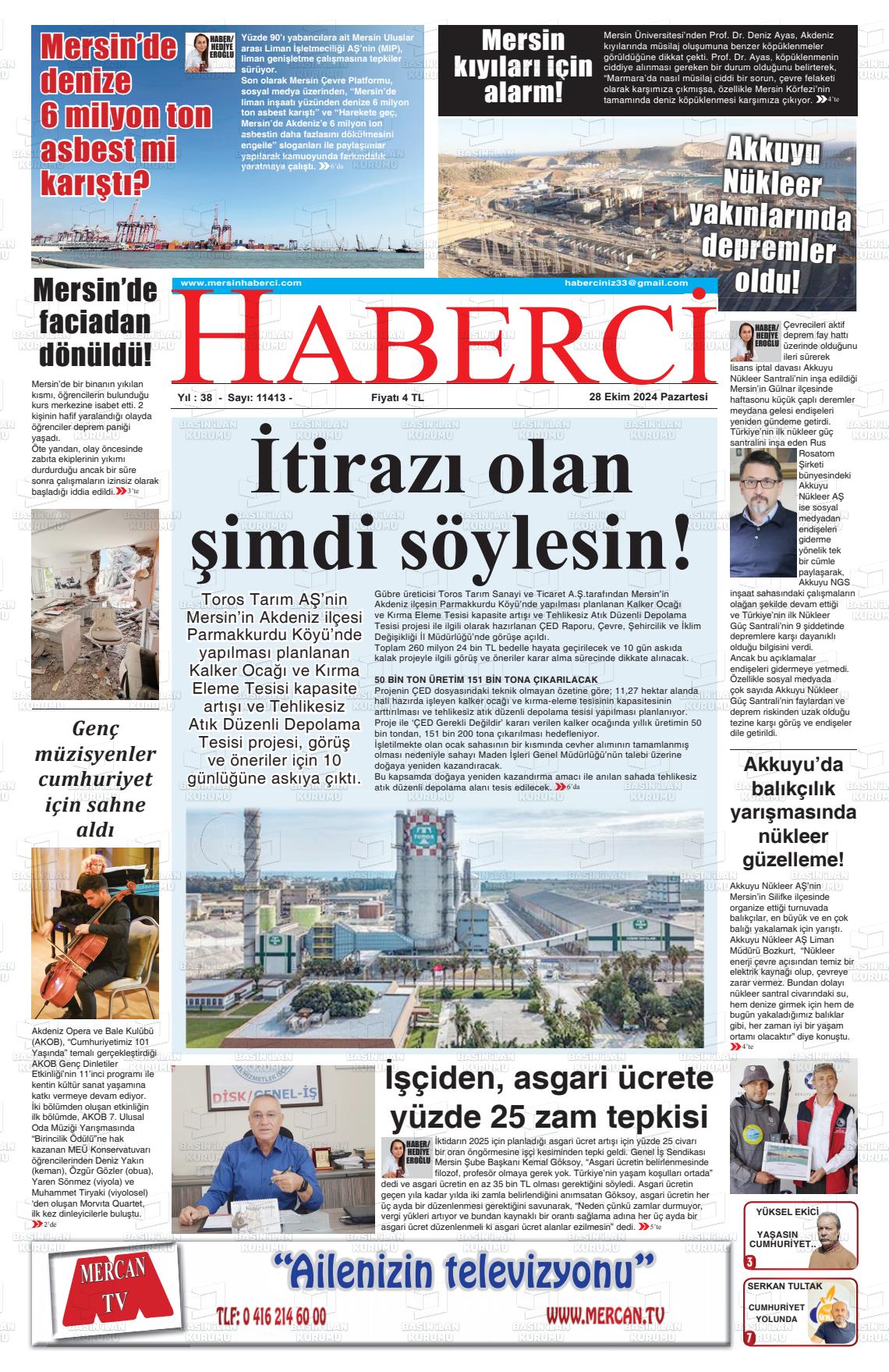 28 Ekim 2024 Mersin Haberci Gazete Manşeti