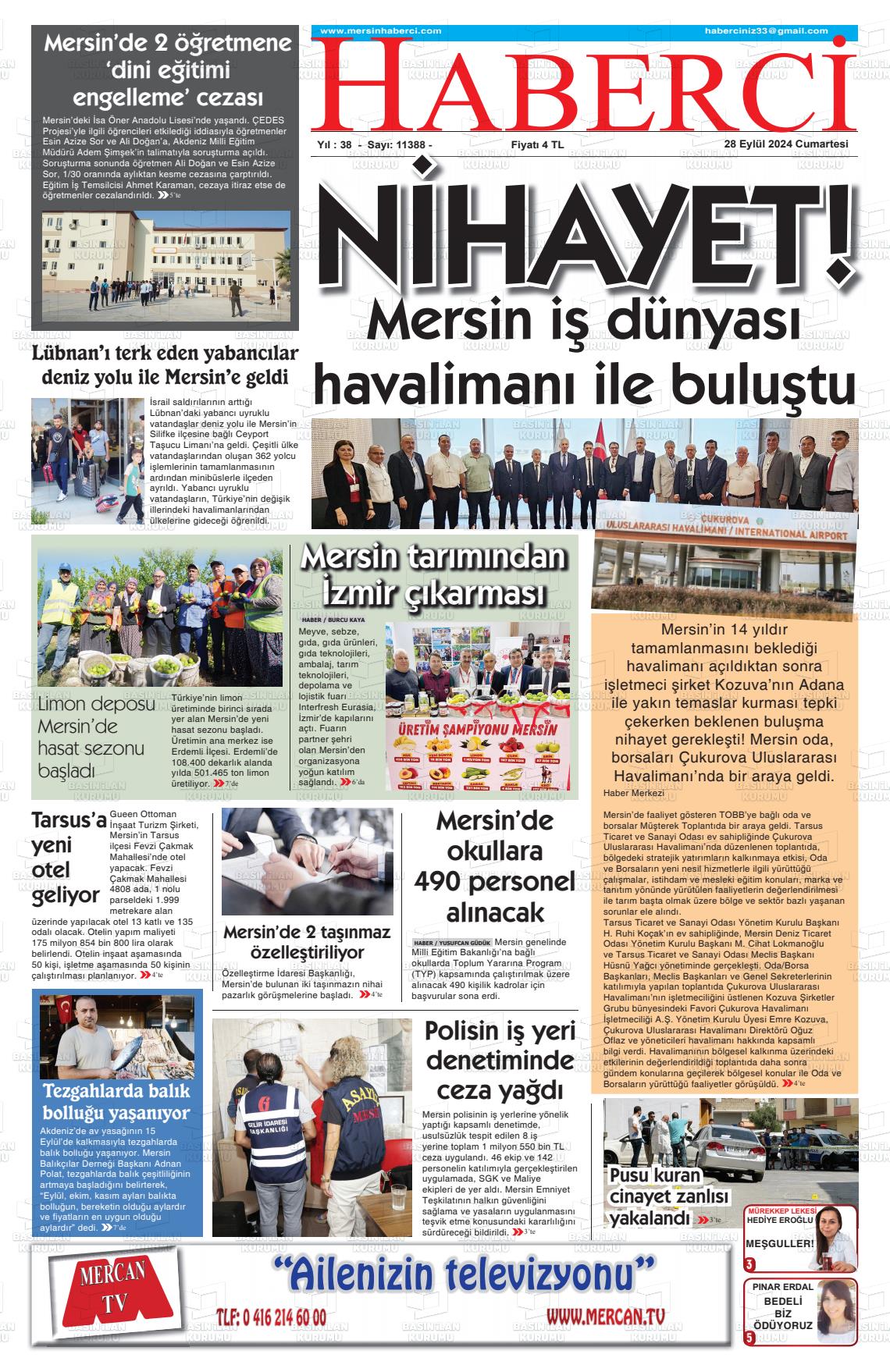 28 Eylül 2024 Mersin Haberci Gazete Manşeti