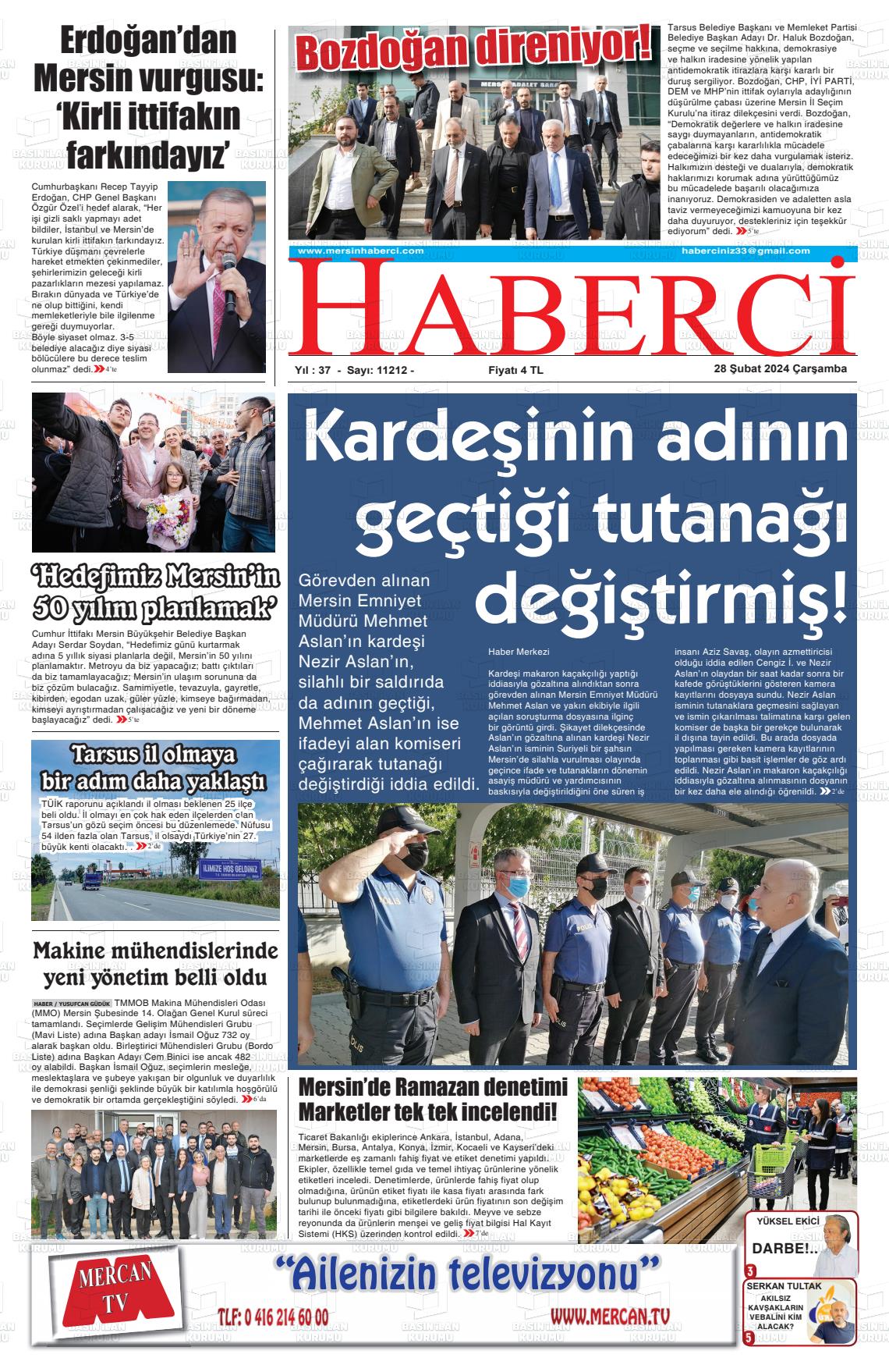 28 Şubat 2024 Mersin Haberci Gazete Manşeti