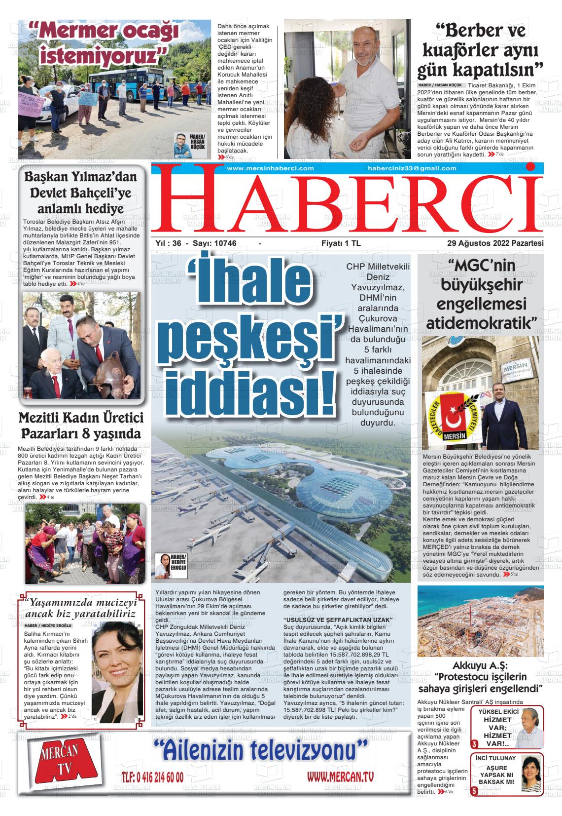 29 Ağustos 2022 Mersin Haberci Gazete Manşeti