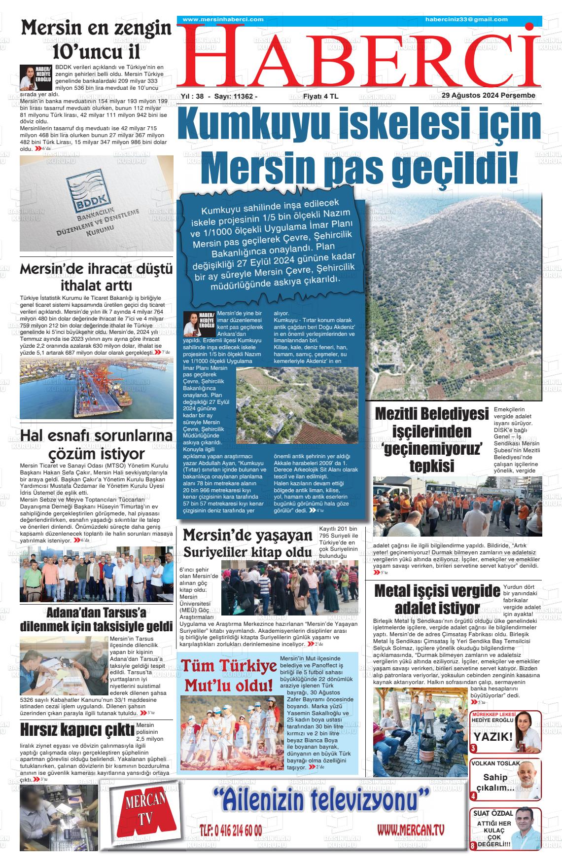 29 Ağustos 2024 Mersin Haberci Gazete Manşeti