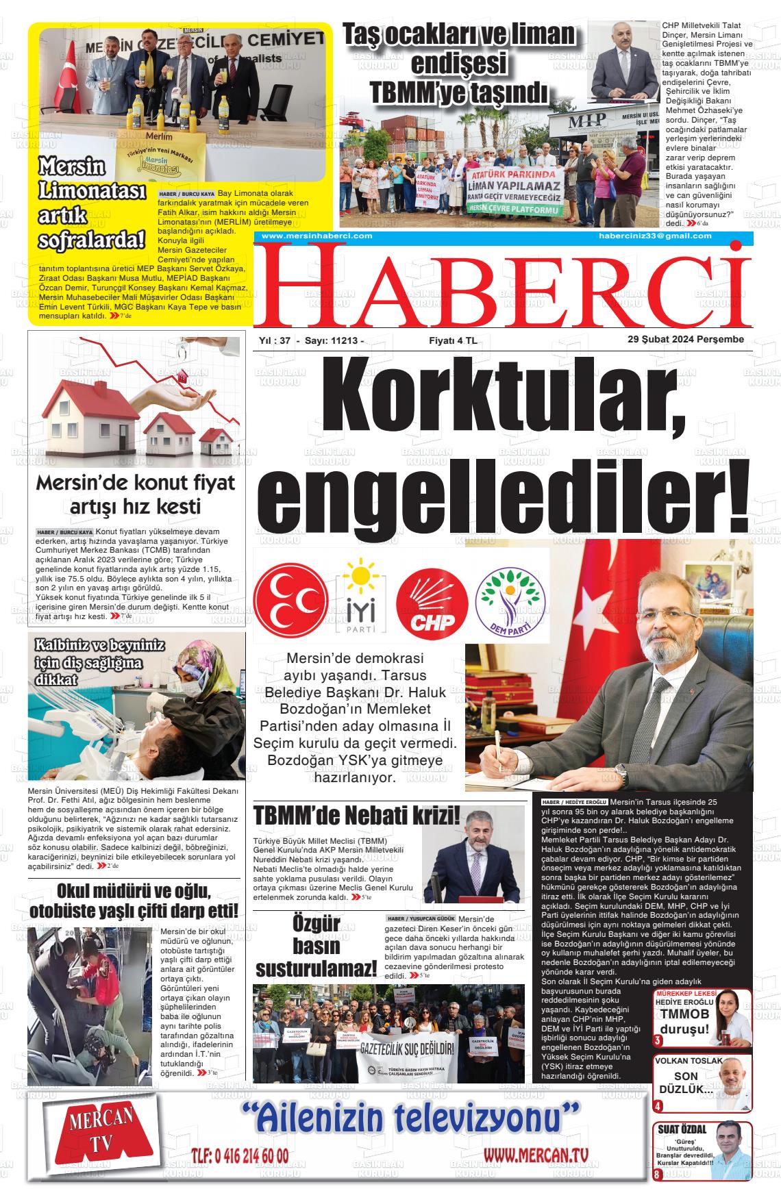 29 Şubat 2024 Mersin Haberci Gazete Manşeti