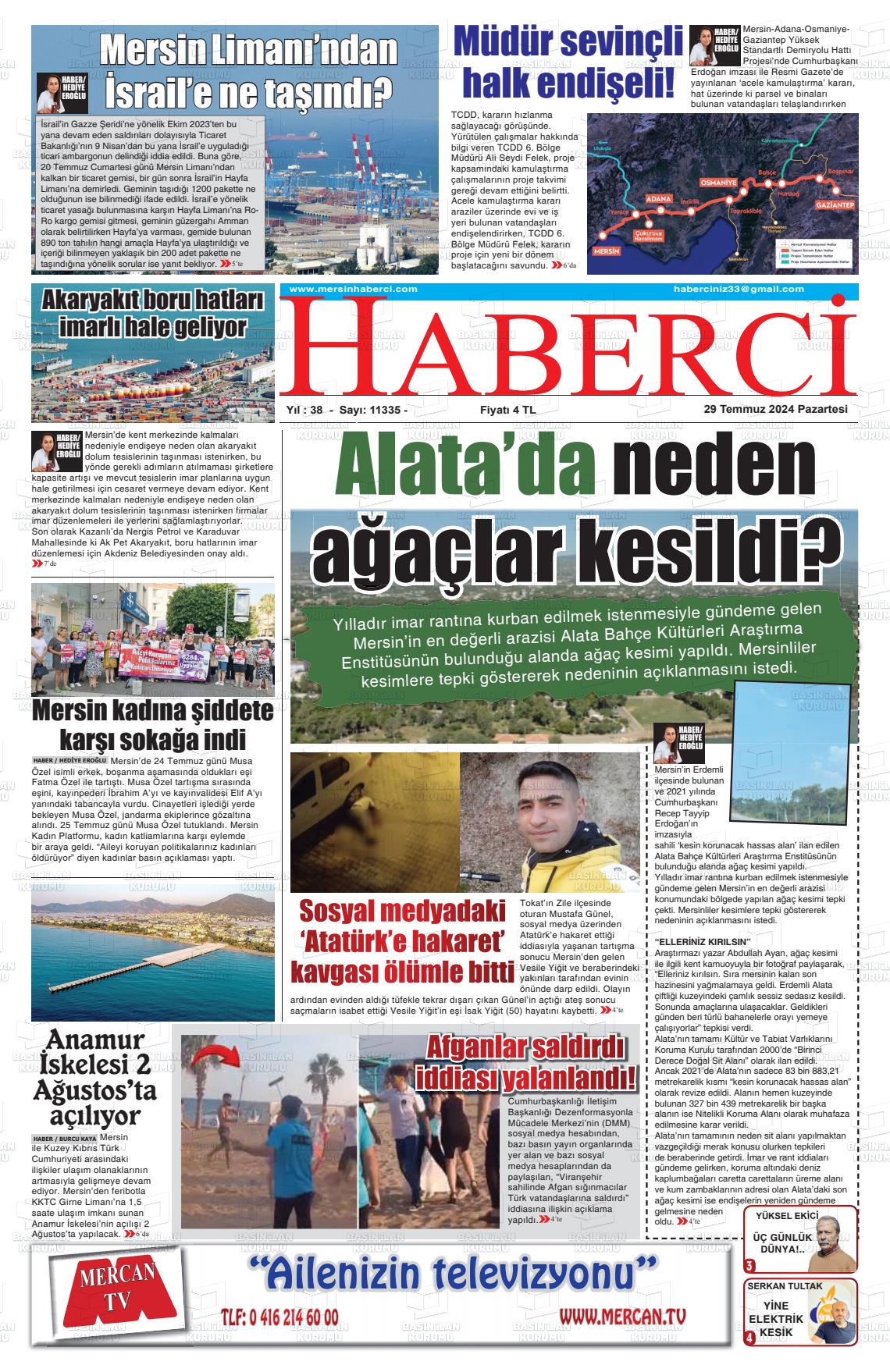 29 Temmuz 2024 Mersin Haberci Gazete Manşeti