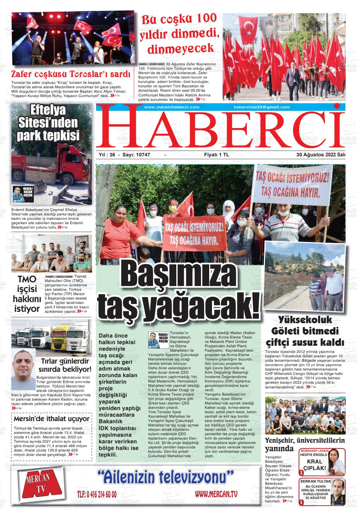 30 Ağustos 2022 Mersin Haberci Gazete Manşeti