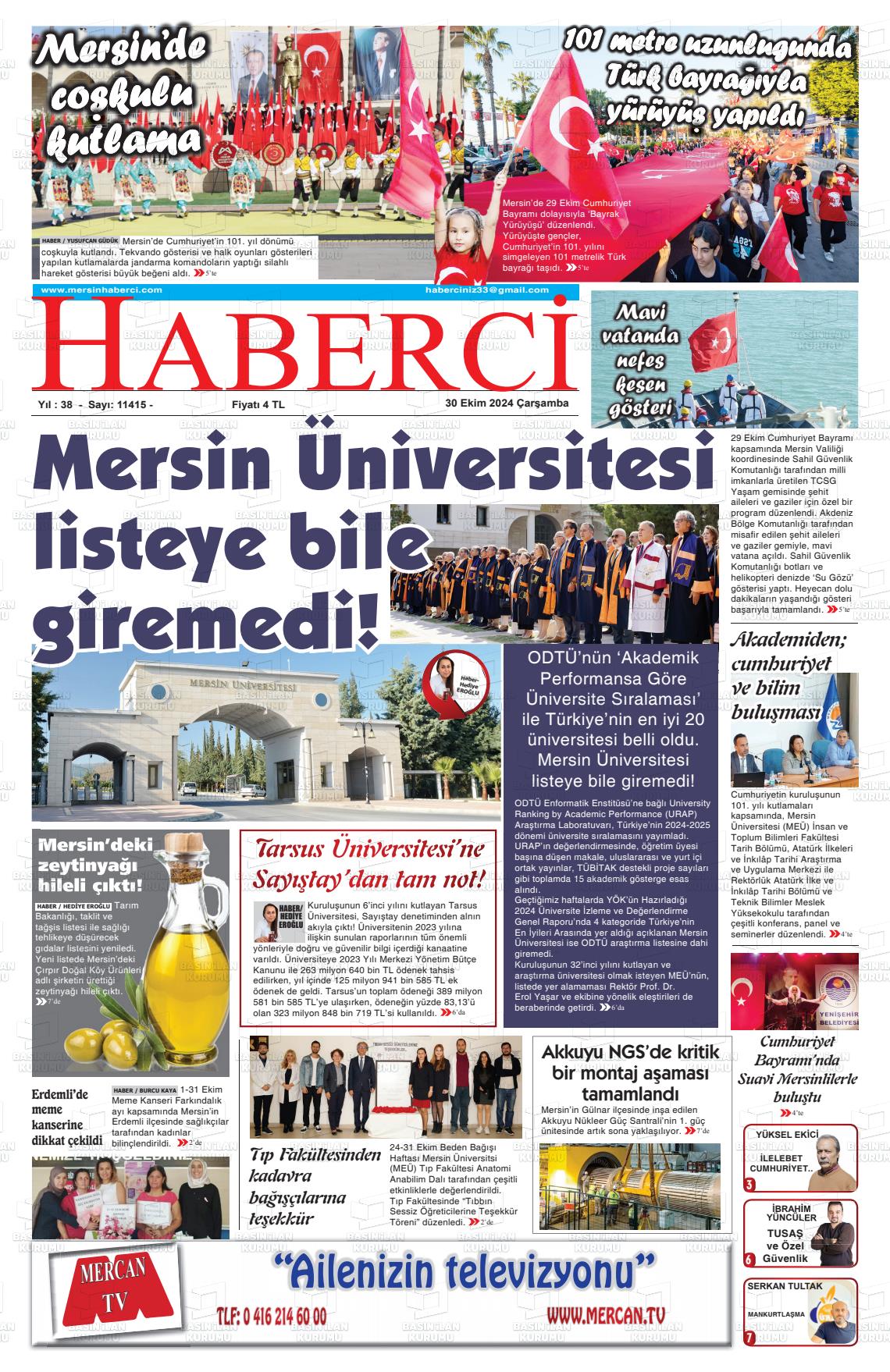 30 Ekim 2024 Mersin Haberci Gazete Manşeti