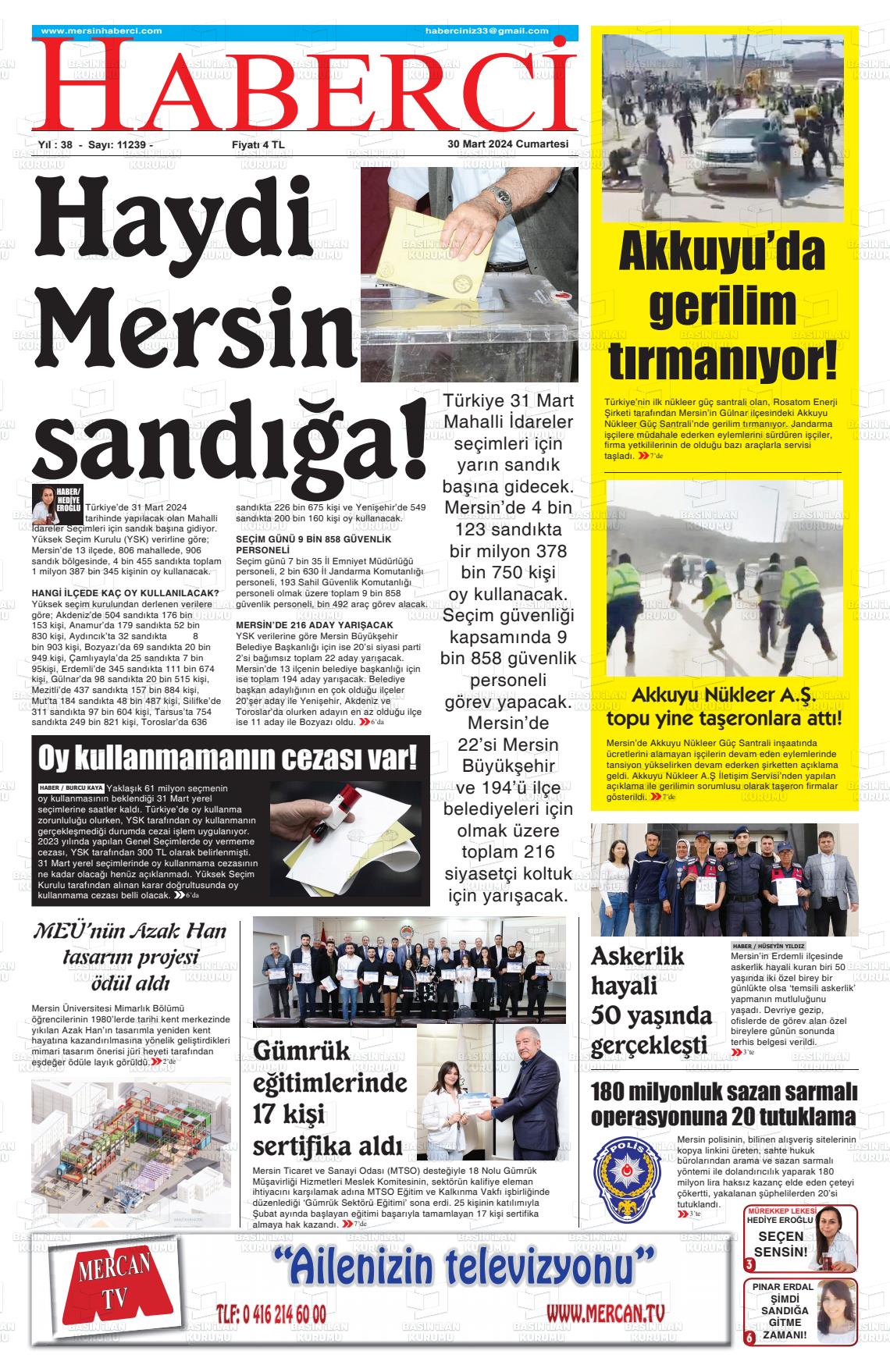 30 Mart 2024 Mersin Haberci Gazete Manşeti