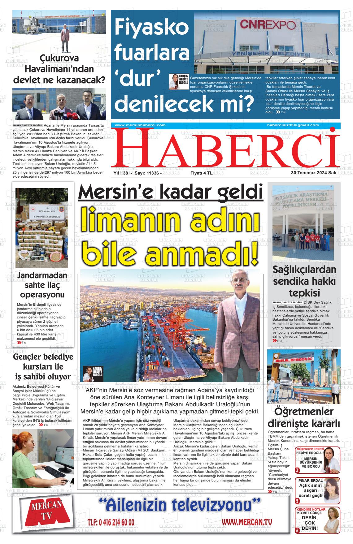 30 Temmuz 2024 Mersin Haberci Gazete Manşeti