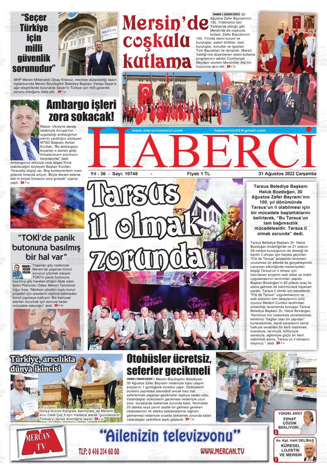 31 Ağustos 2022 Mersin Haberci Gazete Manşeti