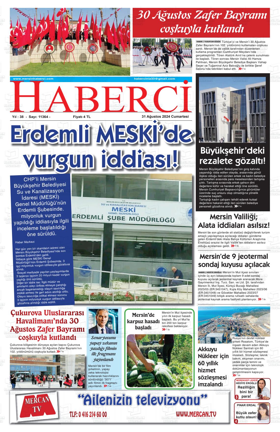 31 Ağustos 2024 Mersin Haberci Gazete Manşeti