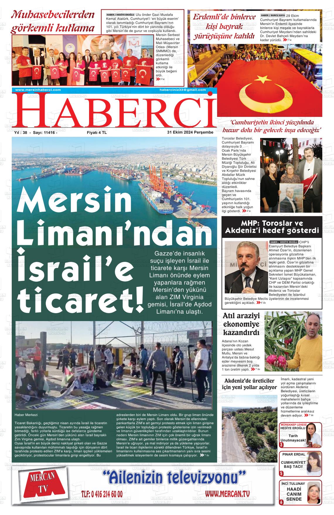 31 Ekim 2024 Mersin Haberci Gazete Manşeti