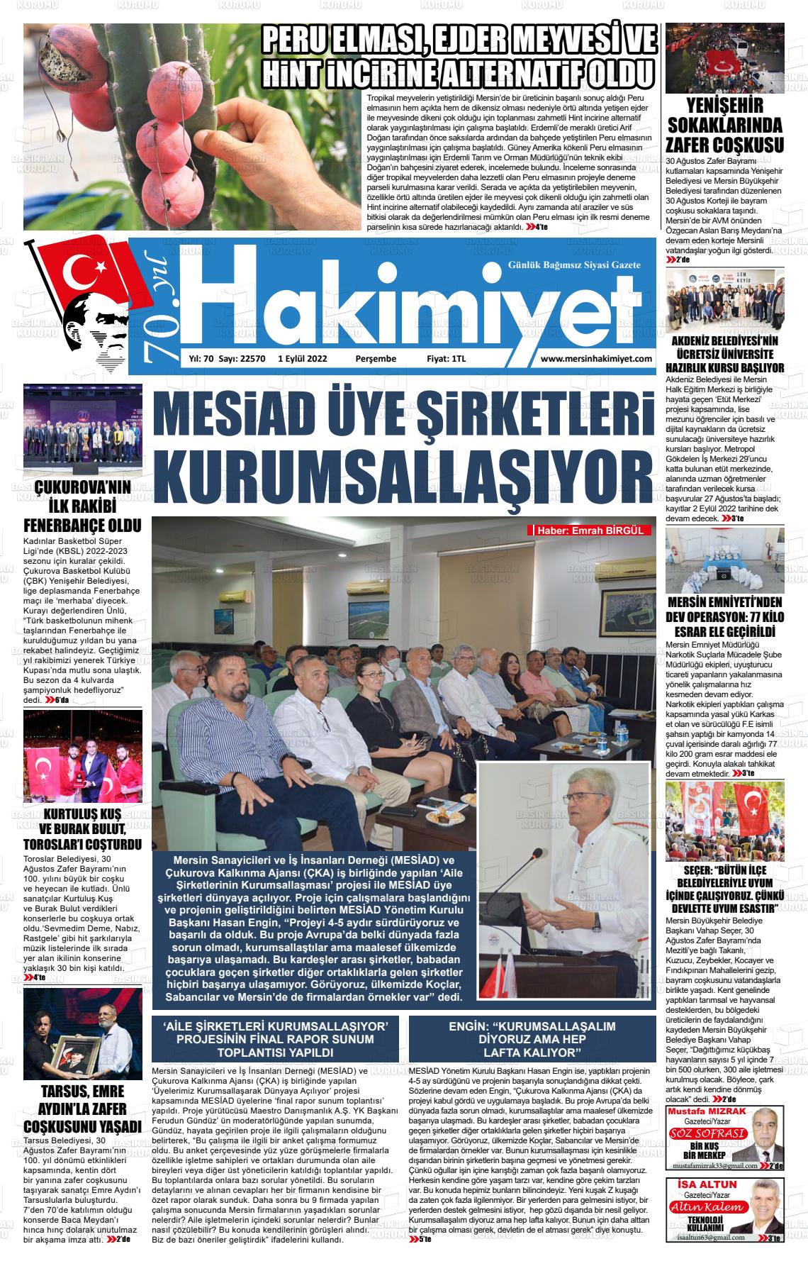 30 Ekim 2022 Mersin Hakimiyet Gazete Manşeti