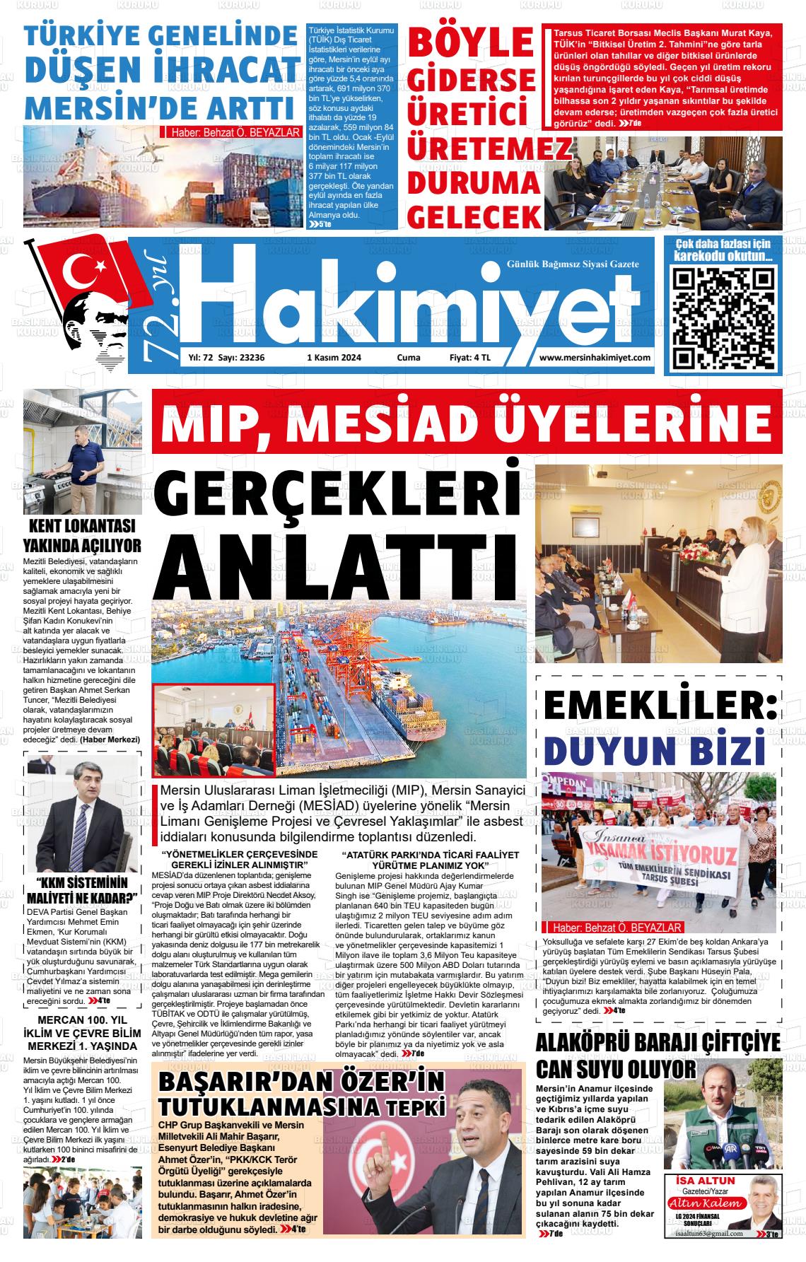 01 Kasım 2024 Mersin Hakimiyet Gazete Manşeti