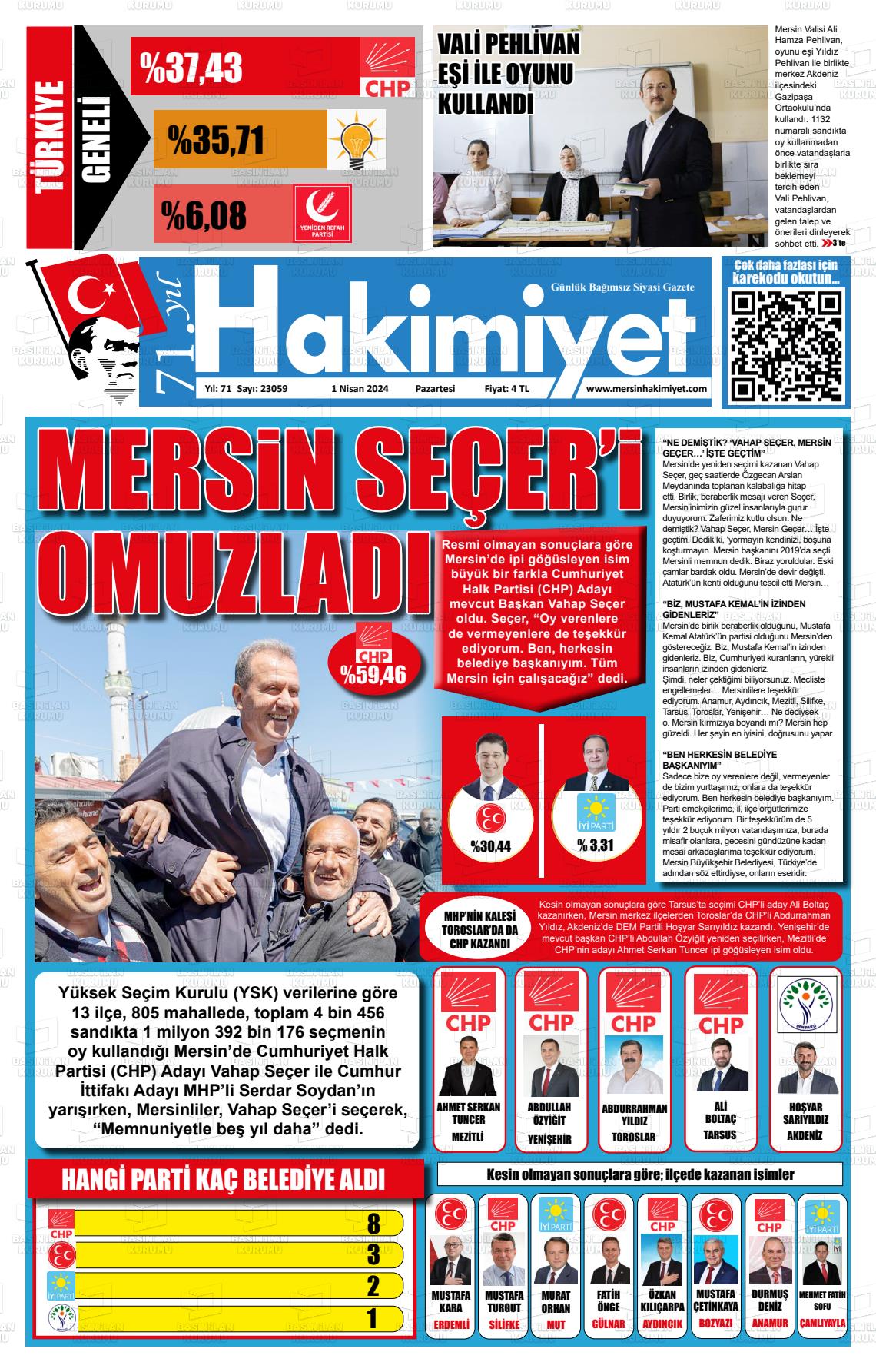 01 Nisan 2024 Mersin Hakimiyet Gazete Manşeti