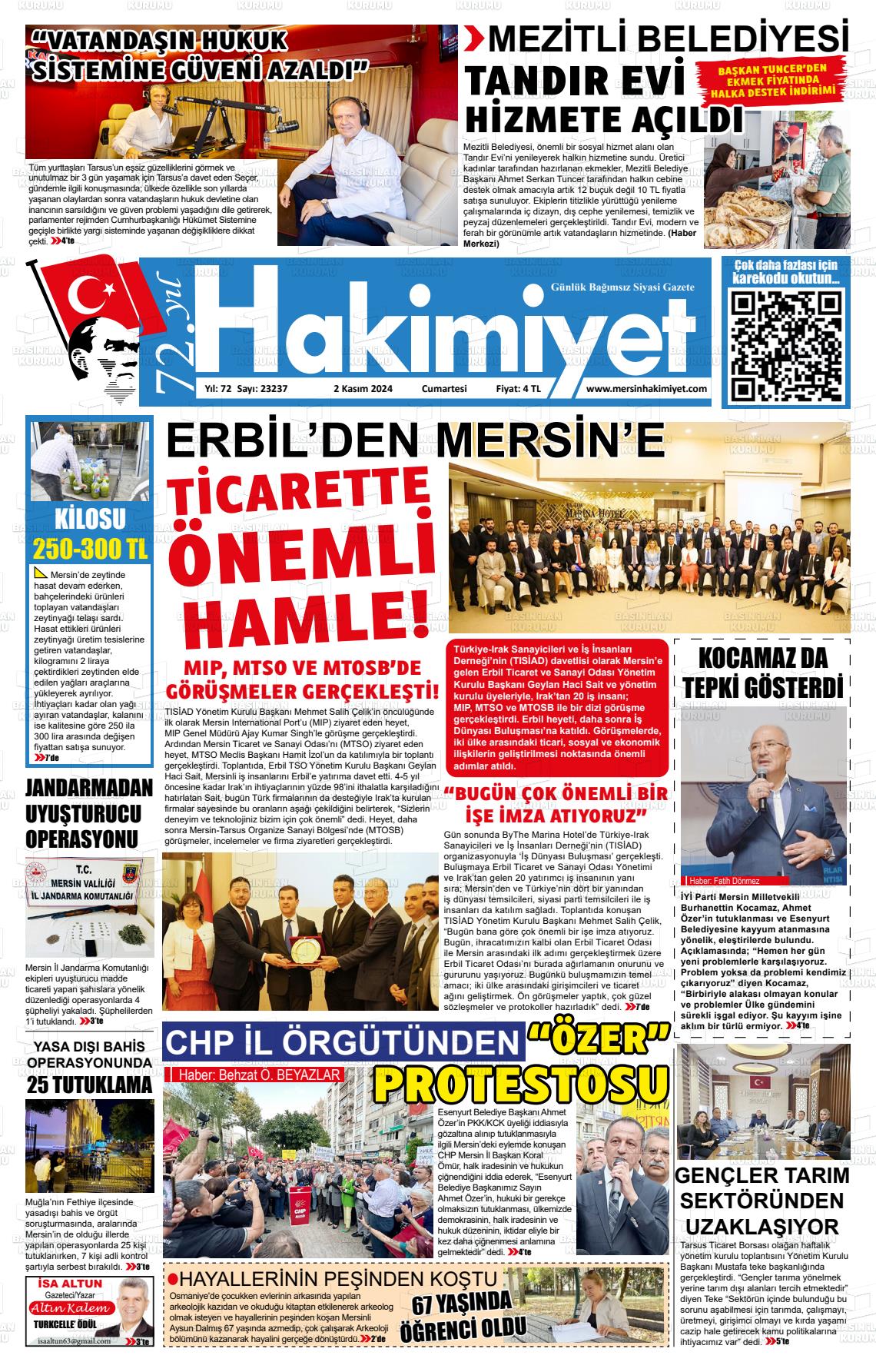 02 Kasım 2024 Mersin Hakimiyet Gazete Manşeti