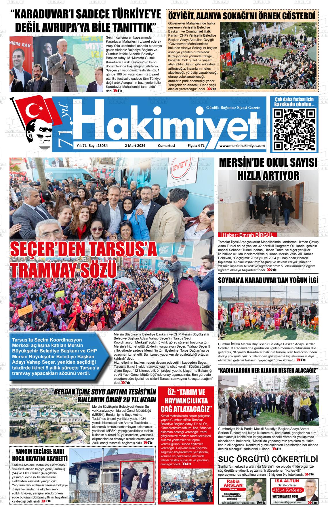 02 Mart 2024 Mersin Hakimiyet Gazete Manşeti