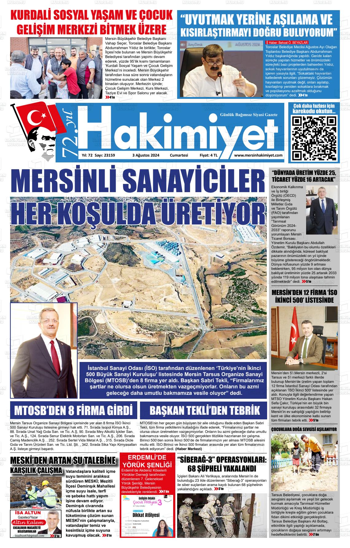 03 Ağustos 2024 Mersin Hakimiyet Gazete Manşeti