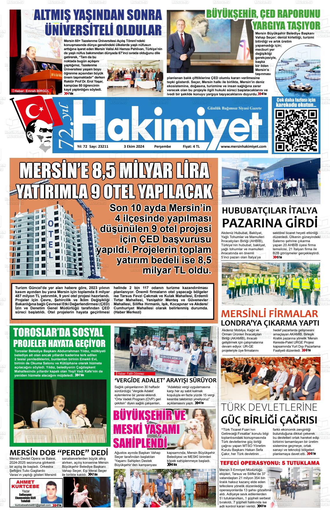 03 Ekim 2024 Mersin Hakimiyet Gazete Manşeti