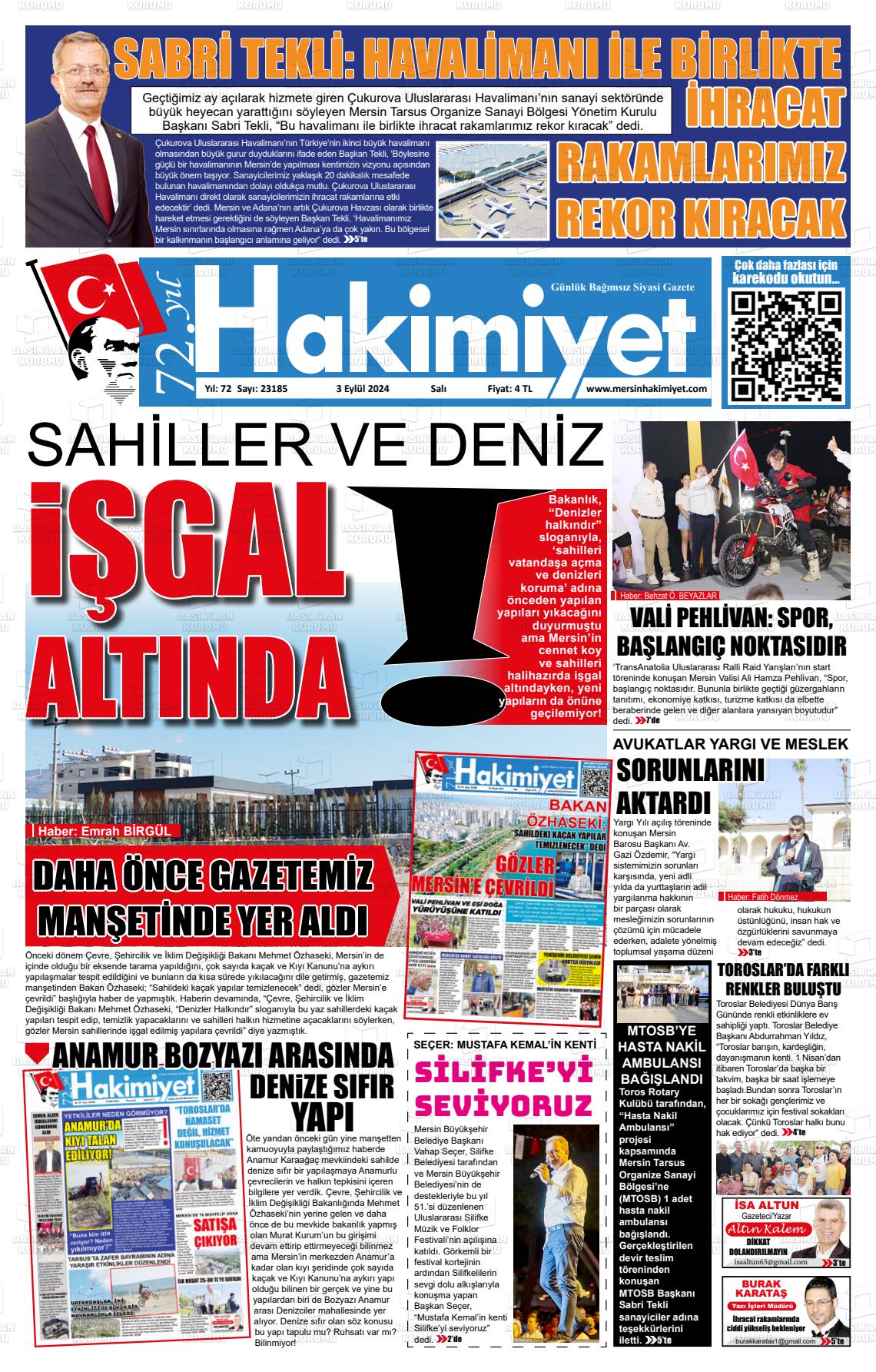 03 Eylül 2024 Mersin Hakimiyet Gazete Manşeti