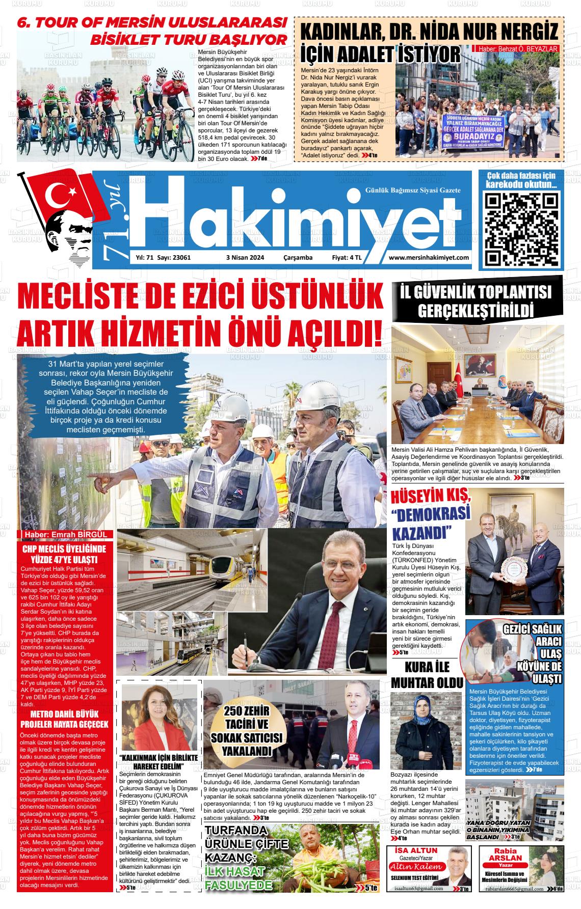 03 Nisan 2024 Mersin Hakimiyet Gazete Manşeti