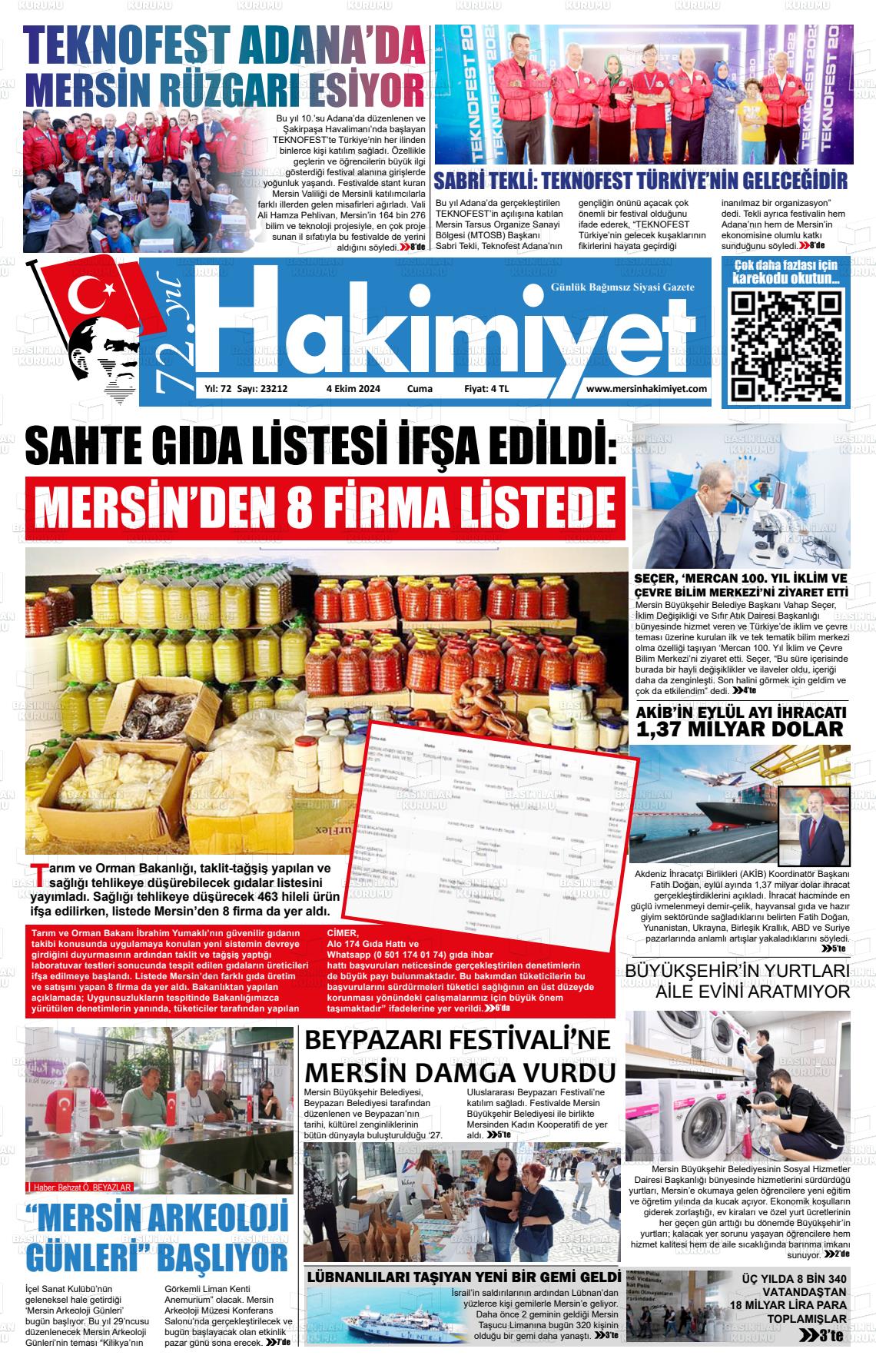 04 Ekim 2024 Mersin Hakimiyet Gazete Manşeti