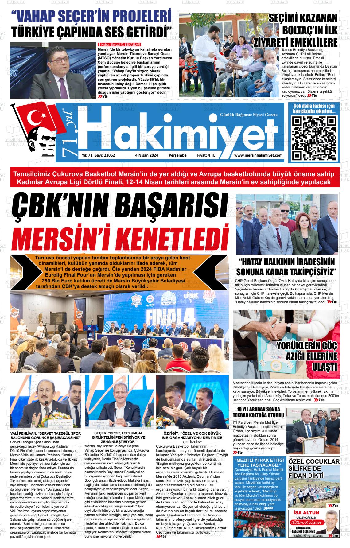 04 Nisan 2024 Mersin Hakimiyet Gazete Manşeti