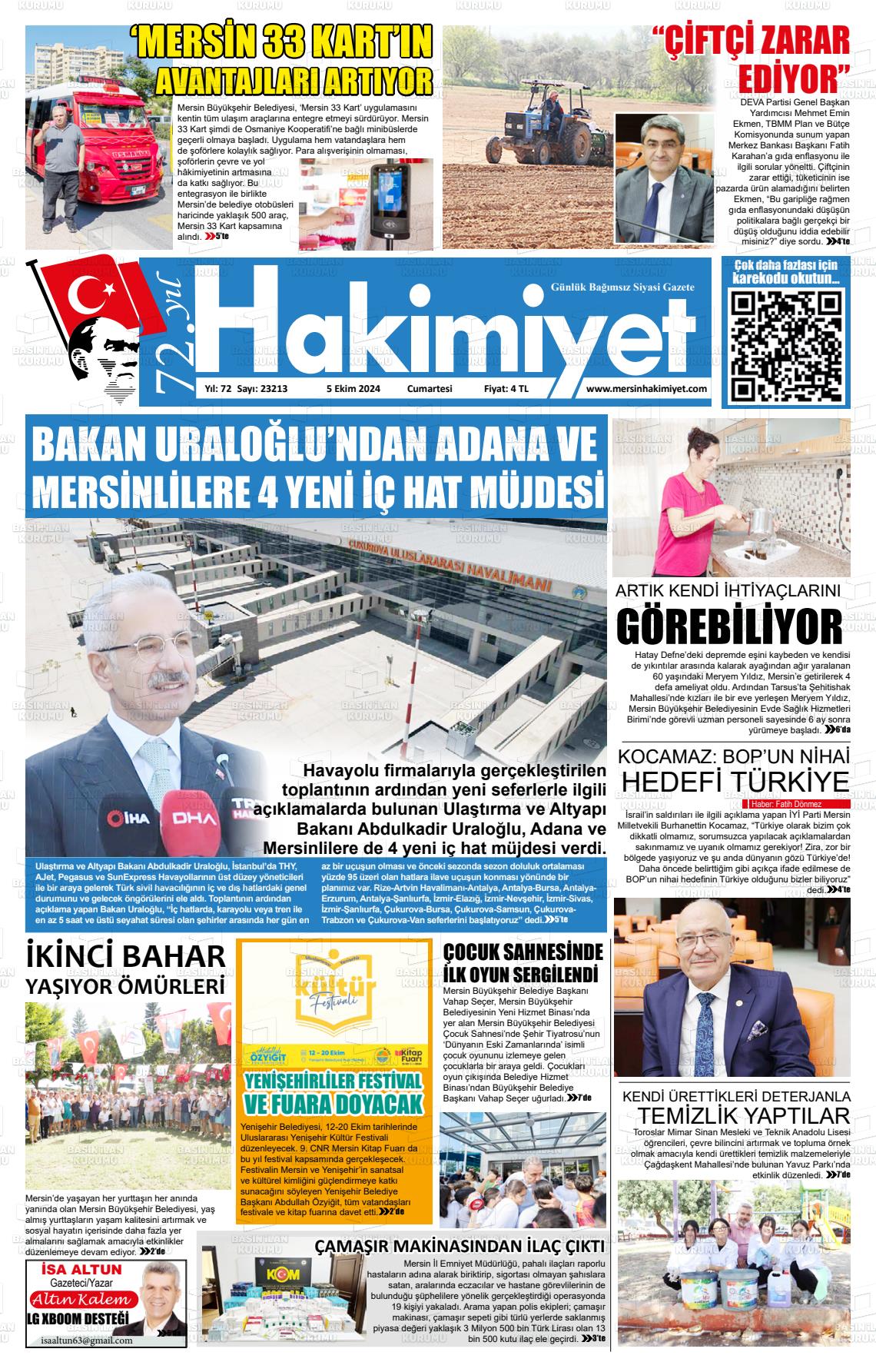 05 Ekim 2024 Mersin Hakimiyet Gazete Manşeti